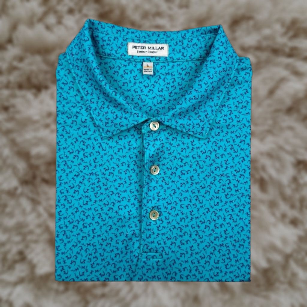 Peter Millar Summer Comfort All Over Print Golf Polo Shirt Mens L Blue Geometric Pattern Polo Golf Shirt Mens L Womens?