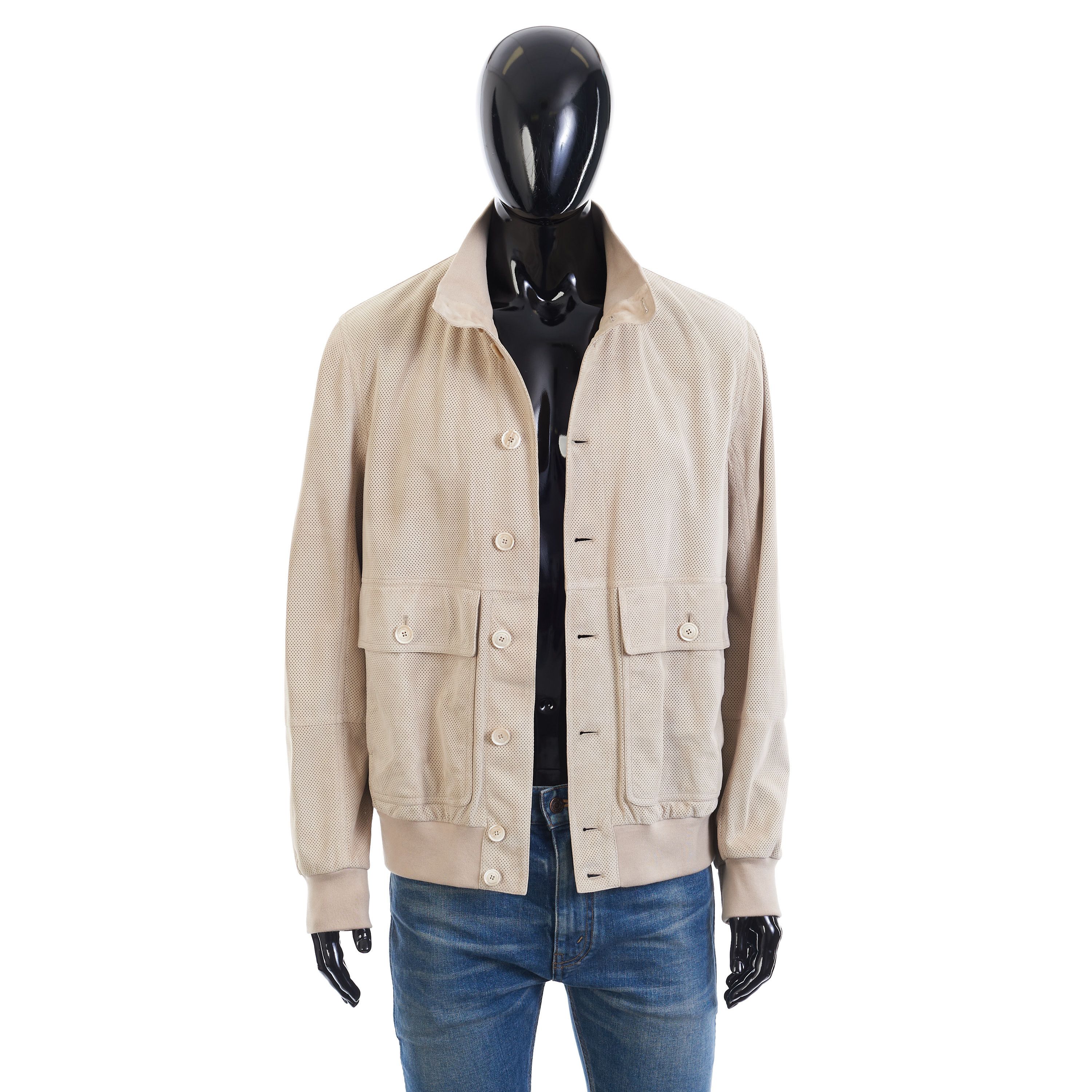Brunello Cucinelli Light Beige Perforated Leather Jacket - Stand Up Collar Size US M / EU 48-50 / 2 - 1 Thumbnail