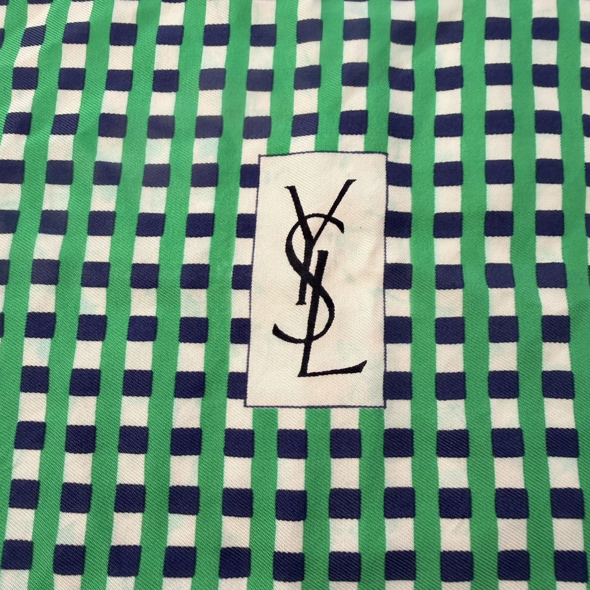 Yves Saint Laurent Vintage YSL Silk Scarf 33x33 Green Blue Check Stripe Size ONE SIZE - 2 Thumbnail