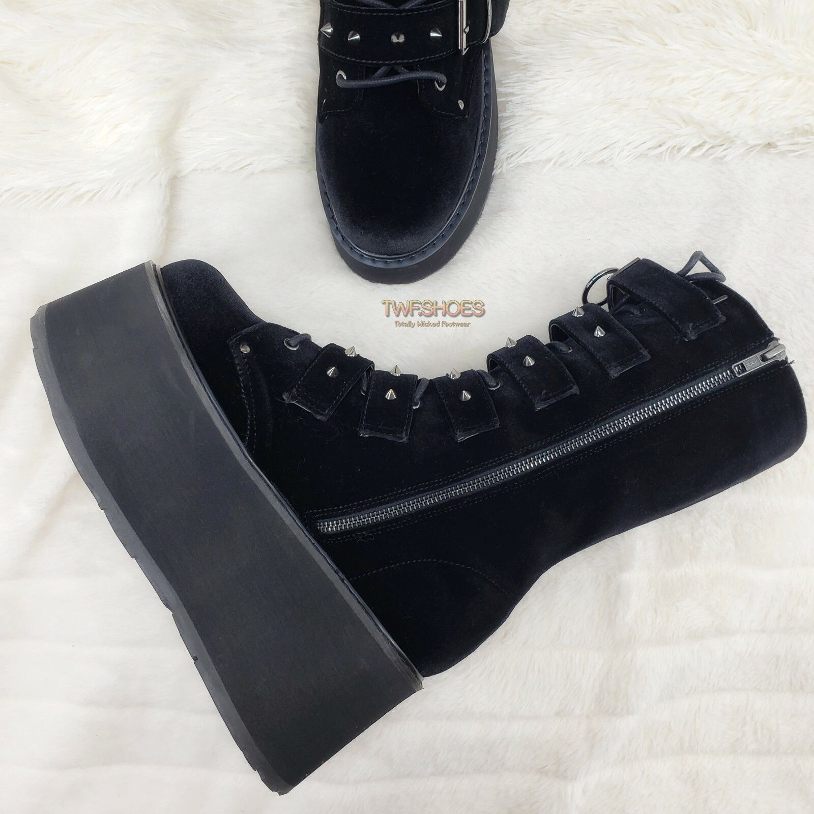 Other Damned 225 Goth Punk Rock 3.5" Platform Calf Boots Black Vel Size US 8 / IT 38 - 5 Thumbnail