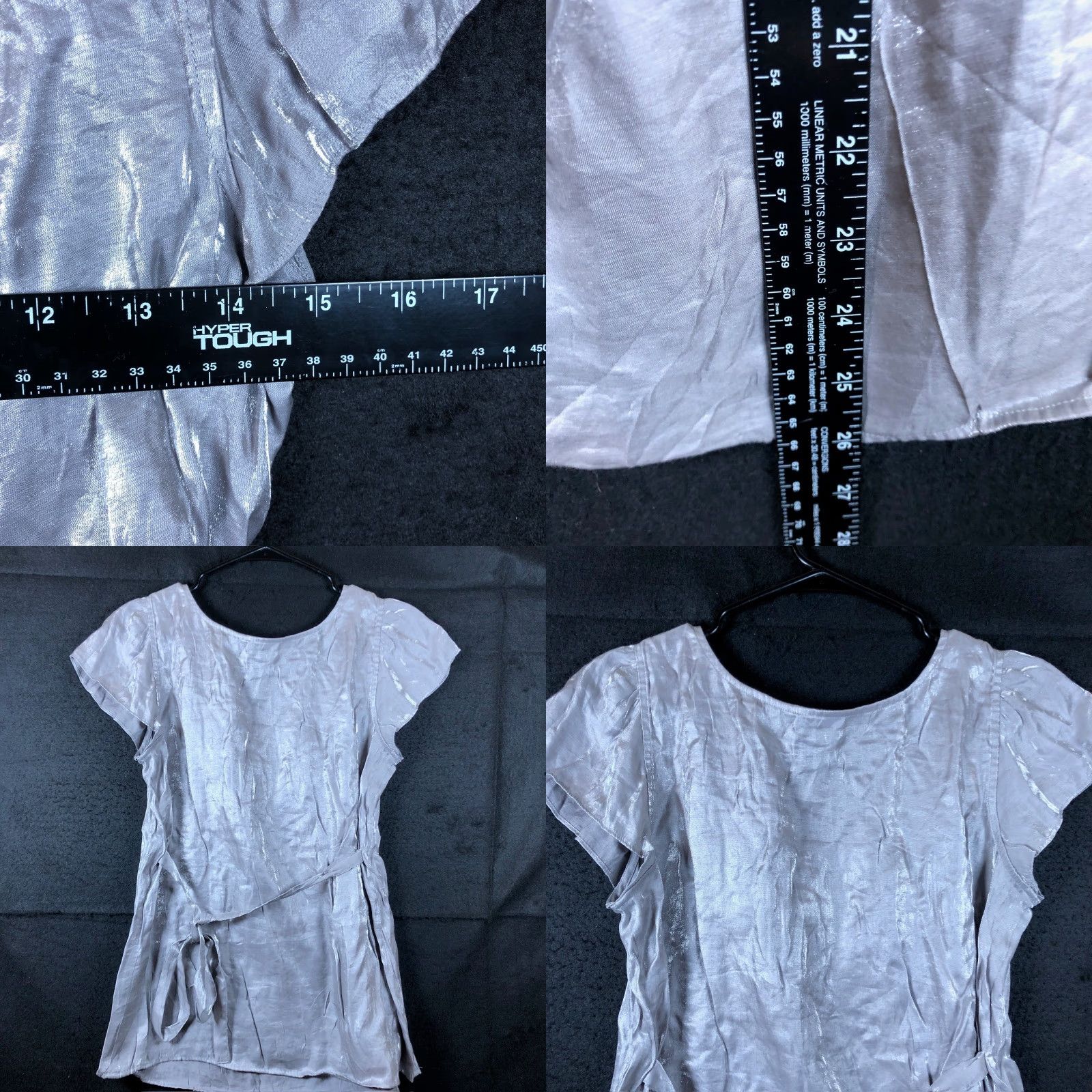 Ann Taylor Ann Taylor Womens Blouse Gray Metallic Crew Short Sleeve Pleated Front Tie 10 Size L / US 10 / IT 46 - 8 Thumbnail