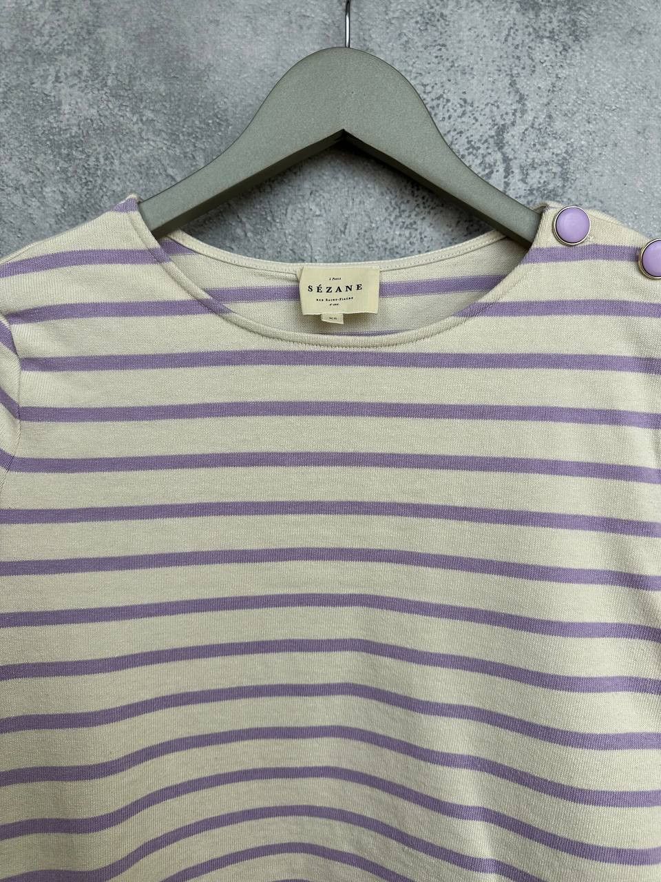 Sezane Sezane Colette Mariniere Ecru / Lilac Organic Cotton T-Shirt Size XS / US 0-2 / IT 36-38 - 5 Thumbnail