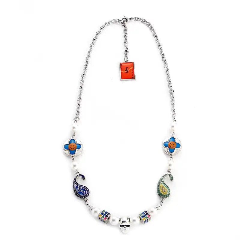 Jewelry × Vintage Petal Cross Wild Round Bead Skull Hip Hop Couple Necklace Size ONE SIZE - 1 Thumbnail