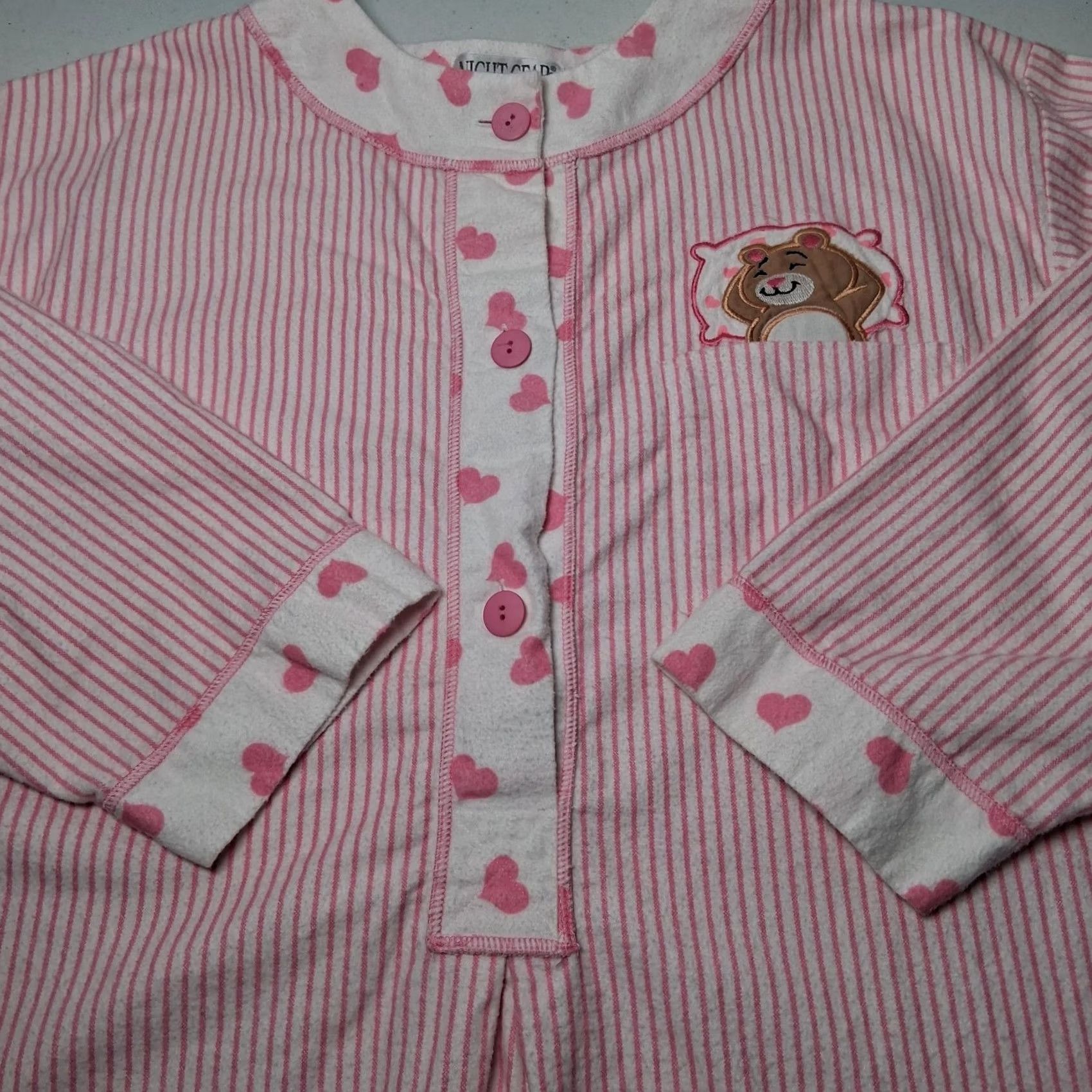 Vintage VINTAGE Night Gear Gown Nightgown Pullover Nightgown Long Sleeve Pink Flannel Heart Bear Cotton M Women Size ONE SIZE - 6 Thumbnail