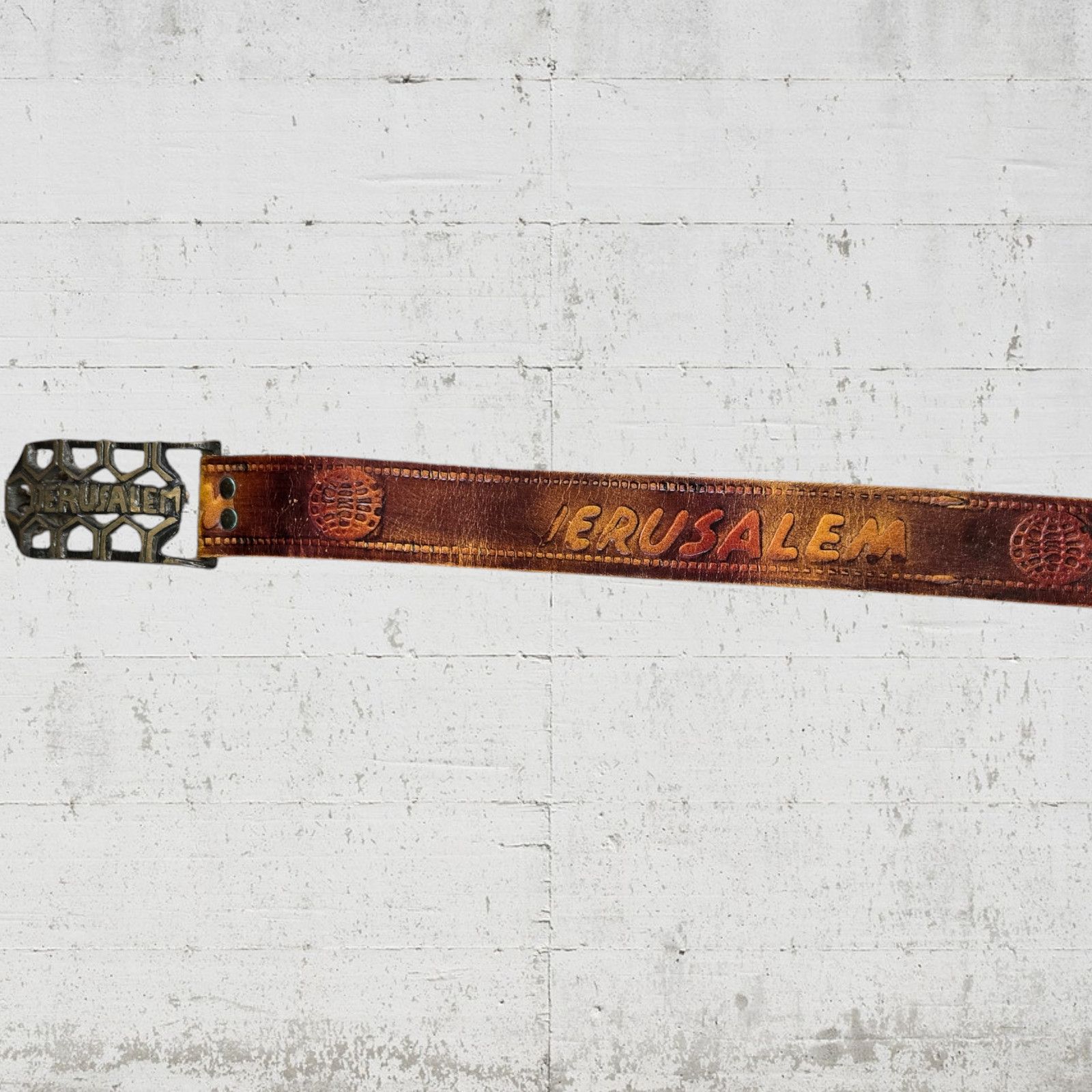 Vintage Vintage Jerusalem Pilgrim Brown Leather Brass Buckle Belt Size ONE SIZE - 5 Thumbnail