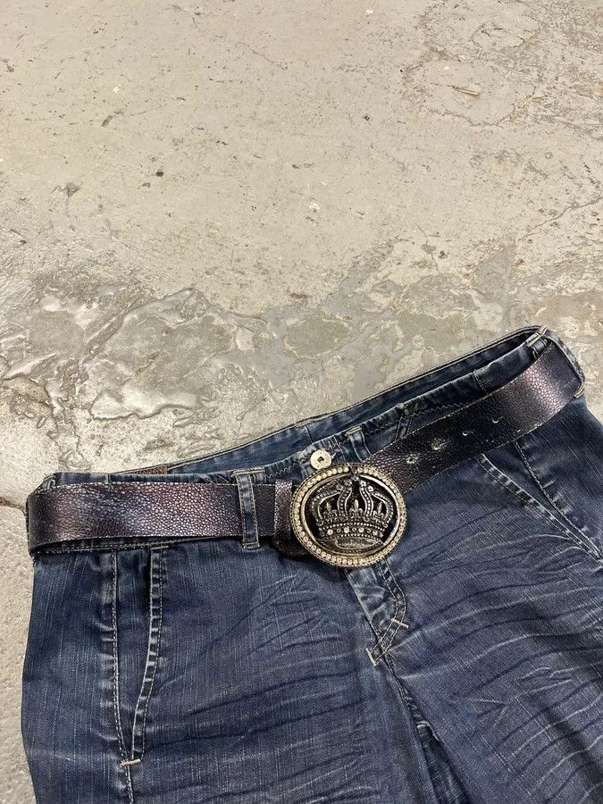 Designer × Roberto Cavalli × Vintage 2000s Cavalli Pave Crown Buckle Blue Aura Leather Belt Size ONE SIZE - 3 Thumbnail