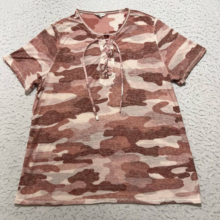 Lucky Brand Lucky Brand Burnout T Shirt Lightweight Tie Front Camo