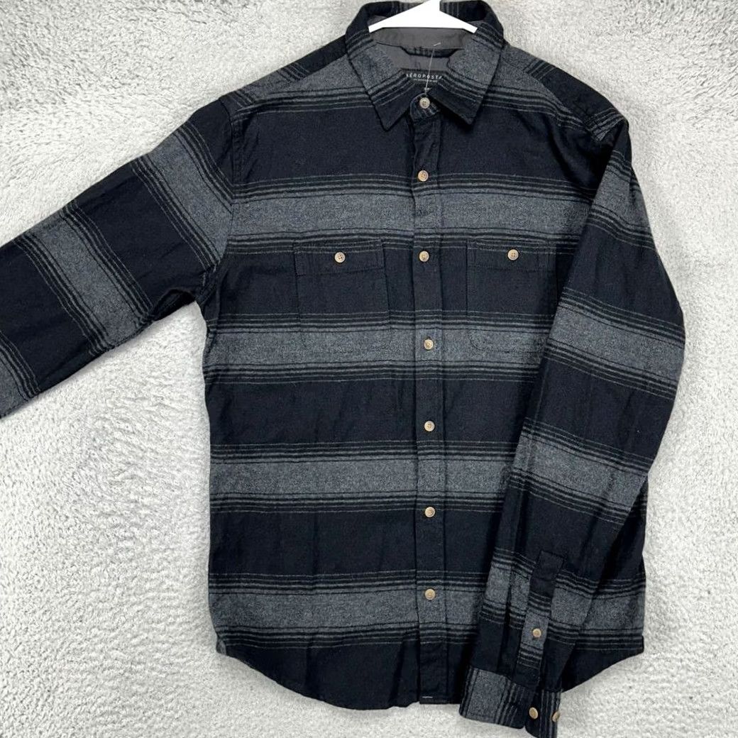 Aeropostale Aeropostale Flannel Shirt Mens Small Black Grey Stripe Flap Pocket Button Up NEW Size US S / EU 44-46 / 1 - 2 Thumbnail