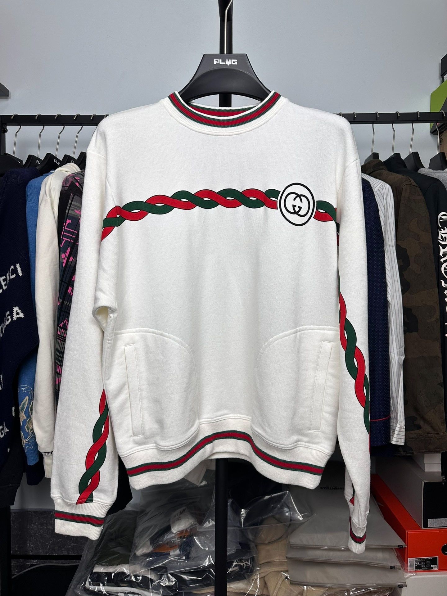 Gucci new red and green chain logo pullover sweatshirt