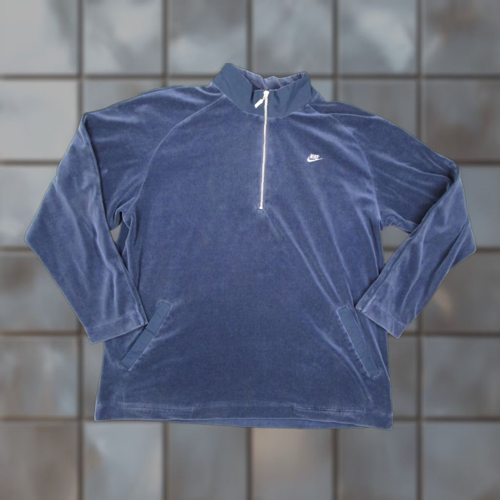 Nike VINTAGE Nike Quarter Zip Pullover Mens L Navy Blue Velour Embroidered Swoosh Pockets Size US L / EU 52-54 / 3 - 1 Thumbnail