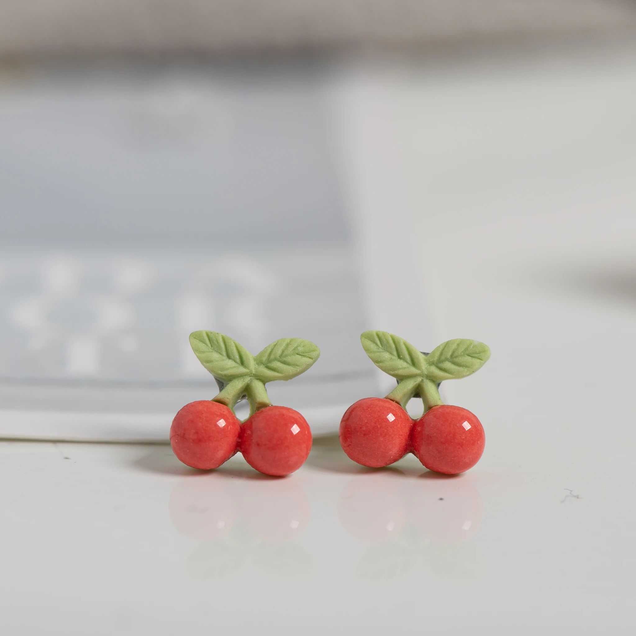 Jewelry Small Cherry Stud Earrings Ceramic Ear Gift For Her Size ONE SIZE - 1 Thumbnail