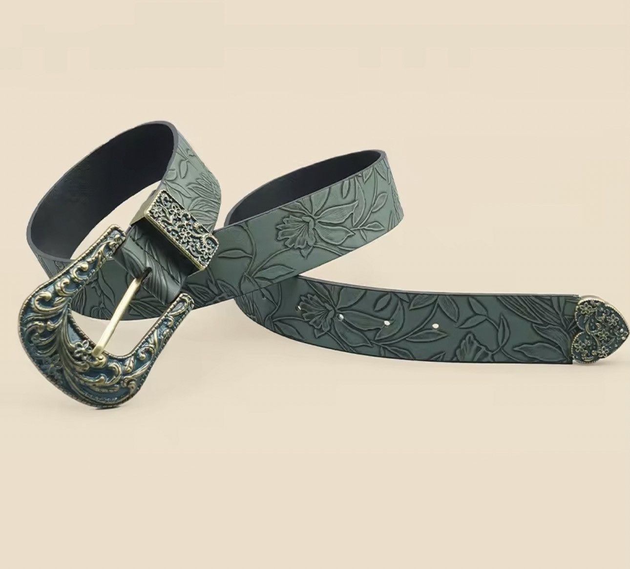 Japanese Brand Carved Leaf Pu Leather Belt 110 cm Size ONE SIZE - 5 Thumbnail