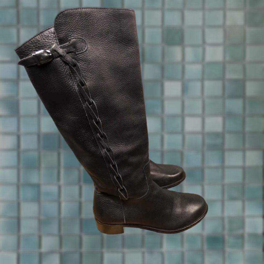 Antonio Melani Boots Womens 6.5M Black Pebbled Leather Knee High w Buckle Braid Boots
