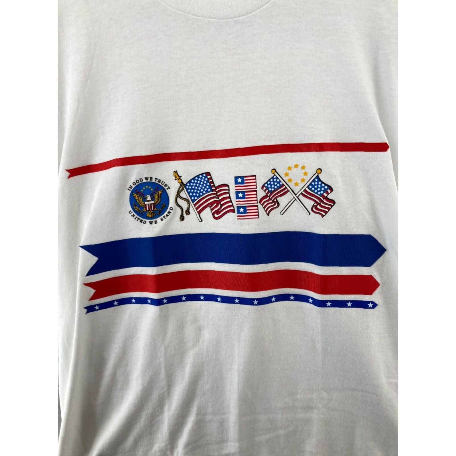 Vintage VINTAGE Screen Stars Best Mens TShirt XL White USA MADE Graphic Print Crew Neck Short Sleeve Cotton Polyester Jersey Patriotic 90s Flag USA Mens Size US XL / EU 56 / 4 - 4 Thumbnail