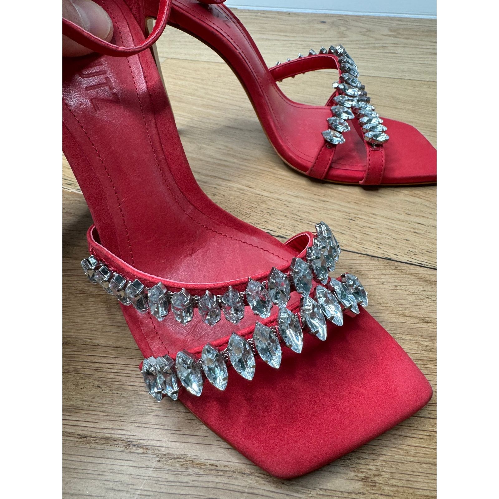 SCHUTZ NEW Schutz Linsey Red Nubuck Sandal Crystal Heels Size US 7 / IT 37 - 4 Thumbnail
