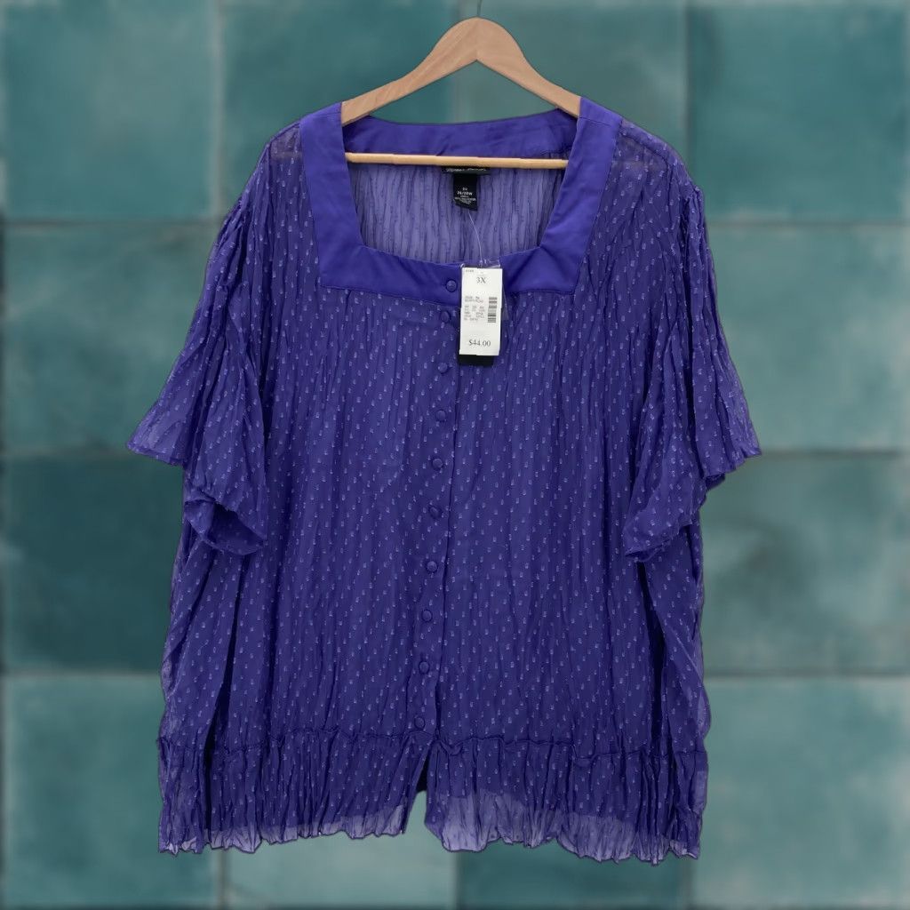 Vintage Maggie Barnes Shirt Womens 3X Purple Sheer Swiss Dot Button Front Ruffle Hem NWT Size XXL / US 16-18 / IT 52-54 - 1 Thumbnail