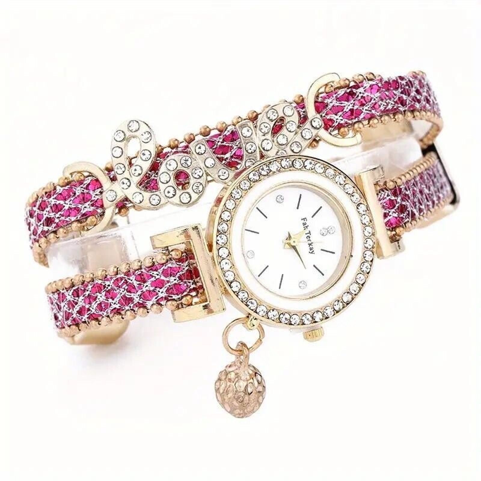 The Unbranded Brand Rhinestone Bracelet Bangle Watch ‘Love’ Quartz Analog Pink Size ONE SIZE - 2 Thumbnail