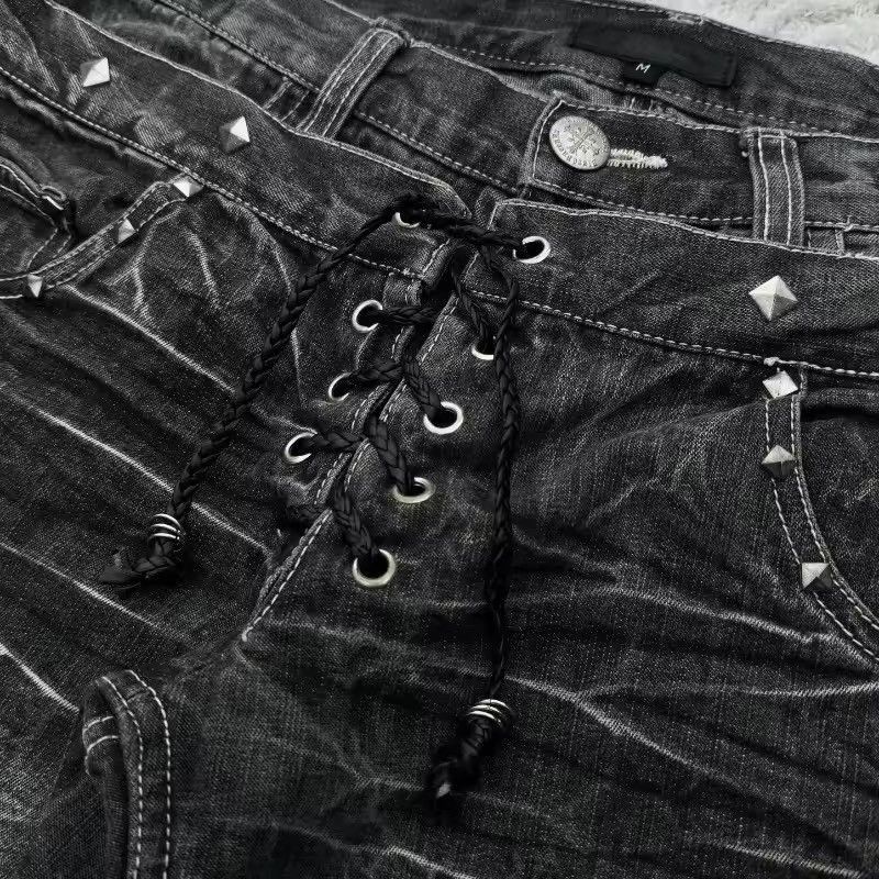 Jean Retro Double Waist Lace Up Ripped Wide Leg Jeans Size US 35 - 4 Thumbnail