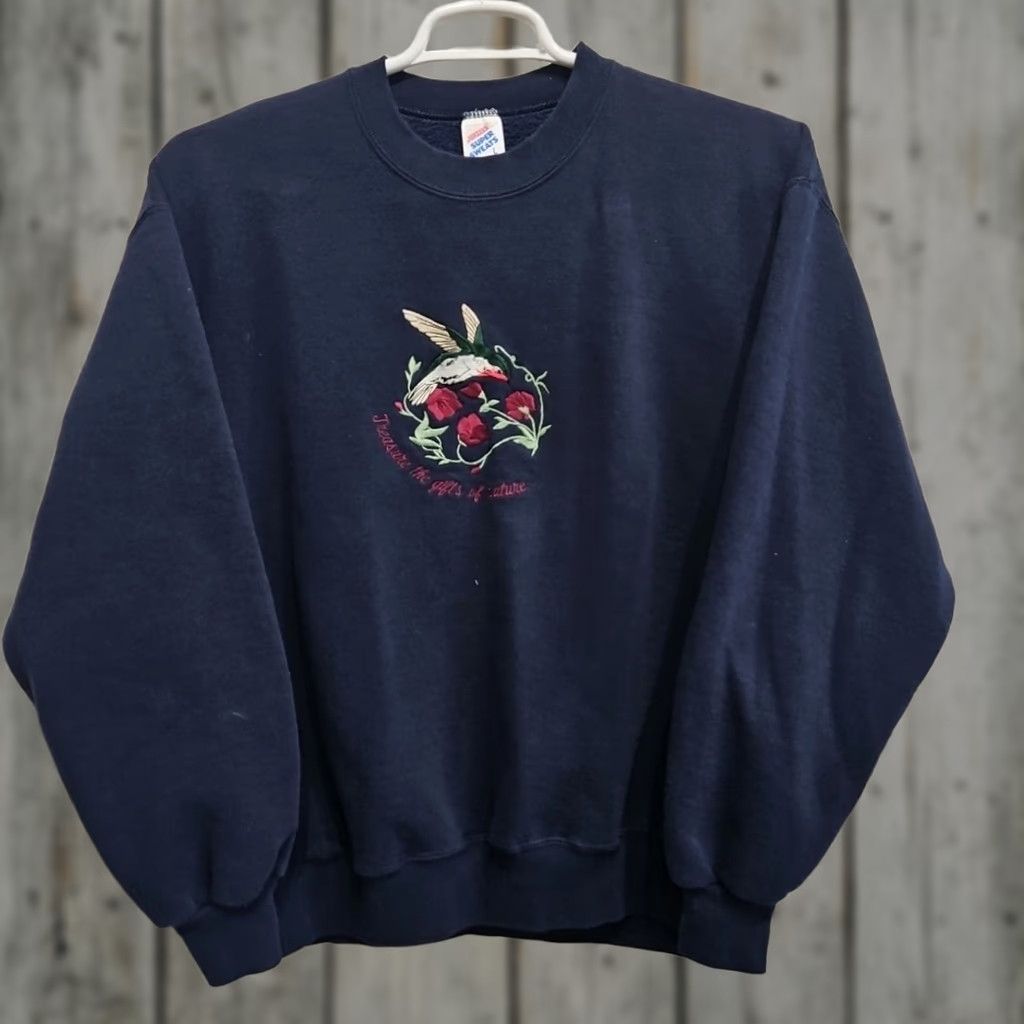 Jerzees VTG Embroidered Hummingbird USA Made Sweater Cardigan Large Blue Women Regular Long Sleeve Crew Neck Vintage JERZEES Size L / US 10 / IT 46 - 1 Thumbnail