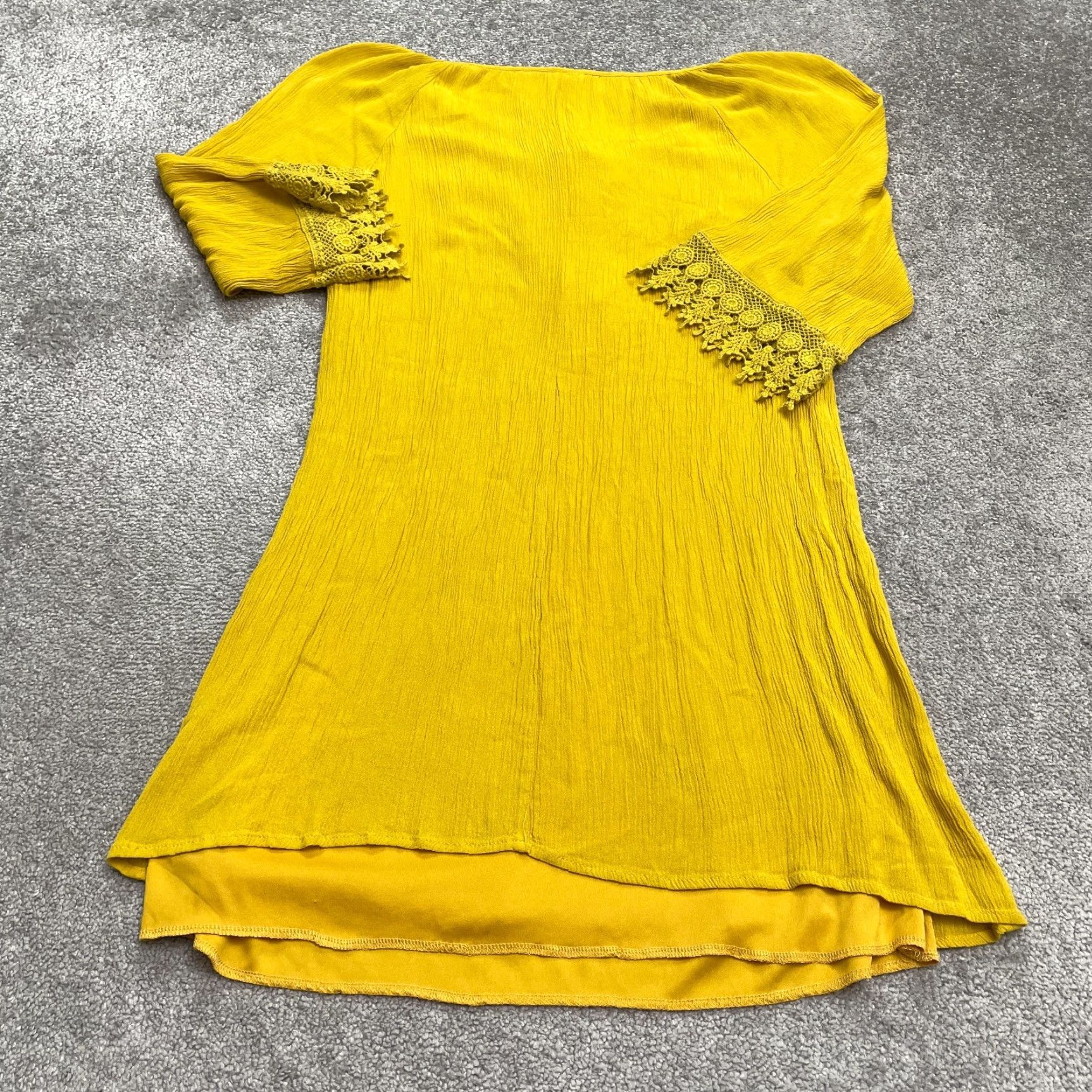 Anthropologie VINTAGE Anthropologie Boho Crochet Midi Dress Womens 12 Mustard Yellow Rayon Casual Summer Size XL / US 12-14 / IT 48-50 - 2 Thumbnail