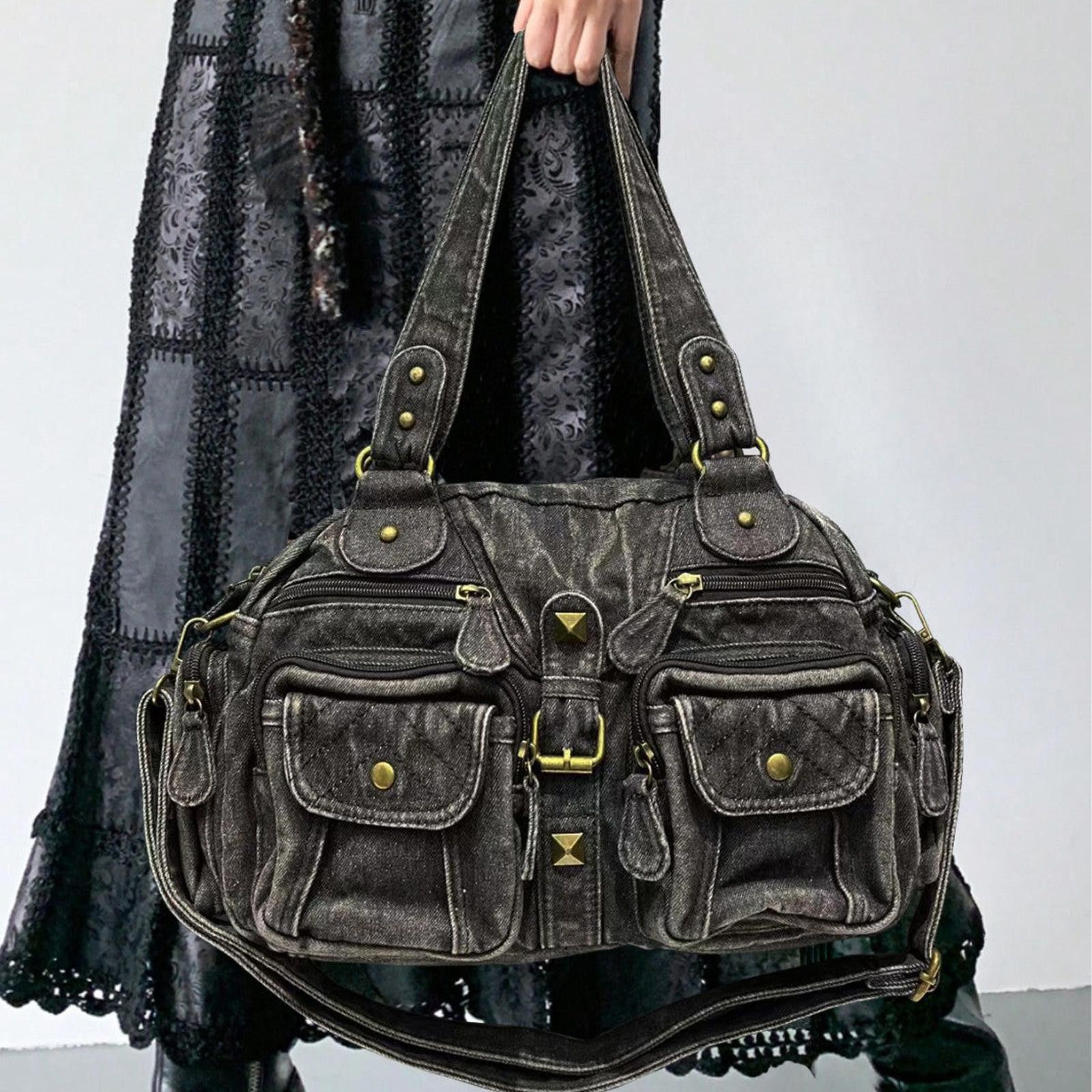 Vintage Black Vintage Style Denim Handbag with Multiple Pockets Size ONE SIZE - 2 Thumbnail