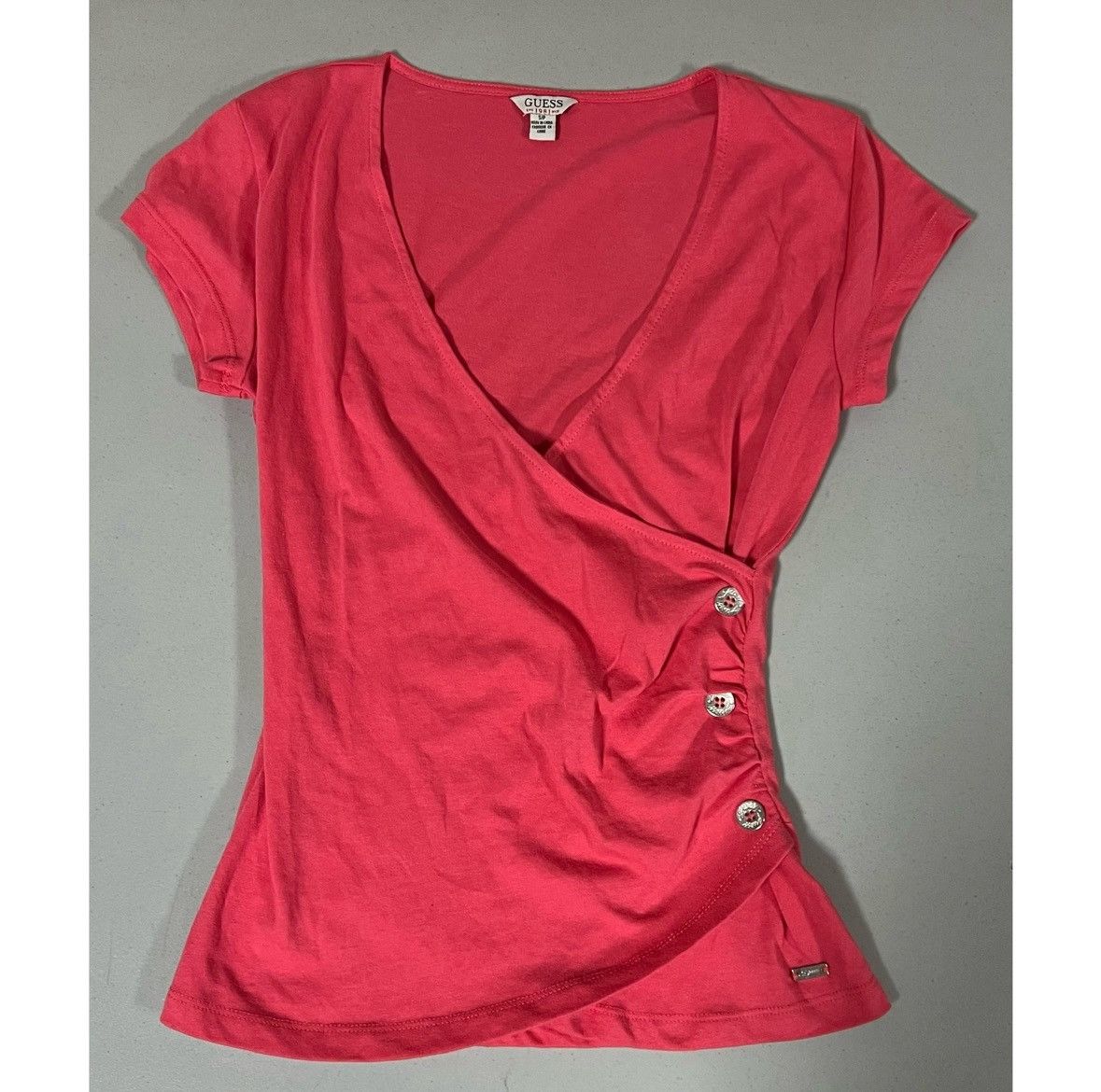 Guess Guess Pink V-Neck Button Wrap Tee Shirt Top Blouse Size S 🌺✨ Size S / US 4 / IT 40 - 2 Thumbnail