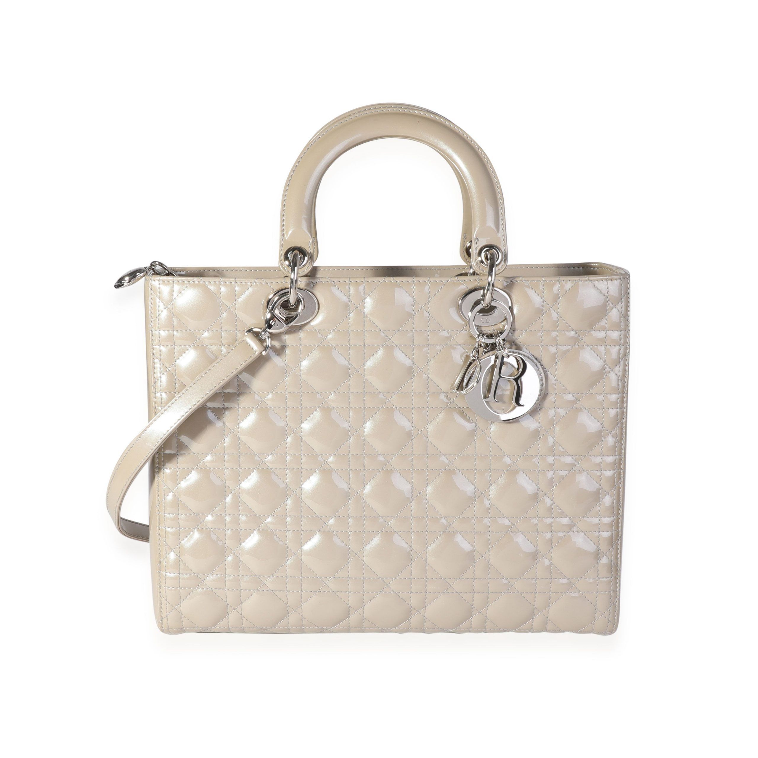 Dior Grey Pearlized Cannage Patent Calfskin Large Lady Dior Bag