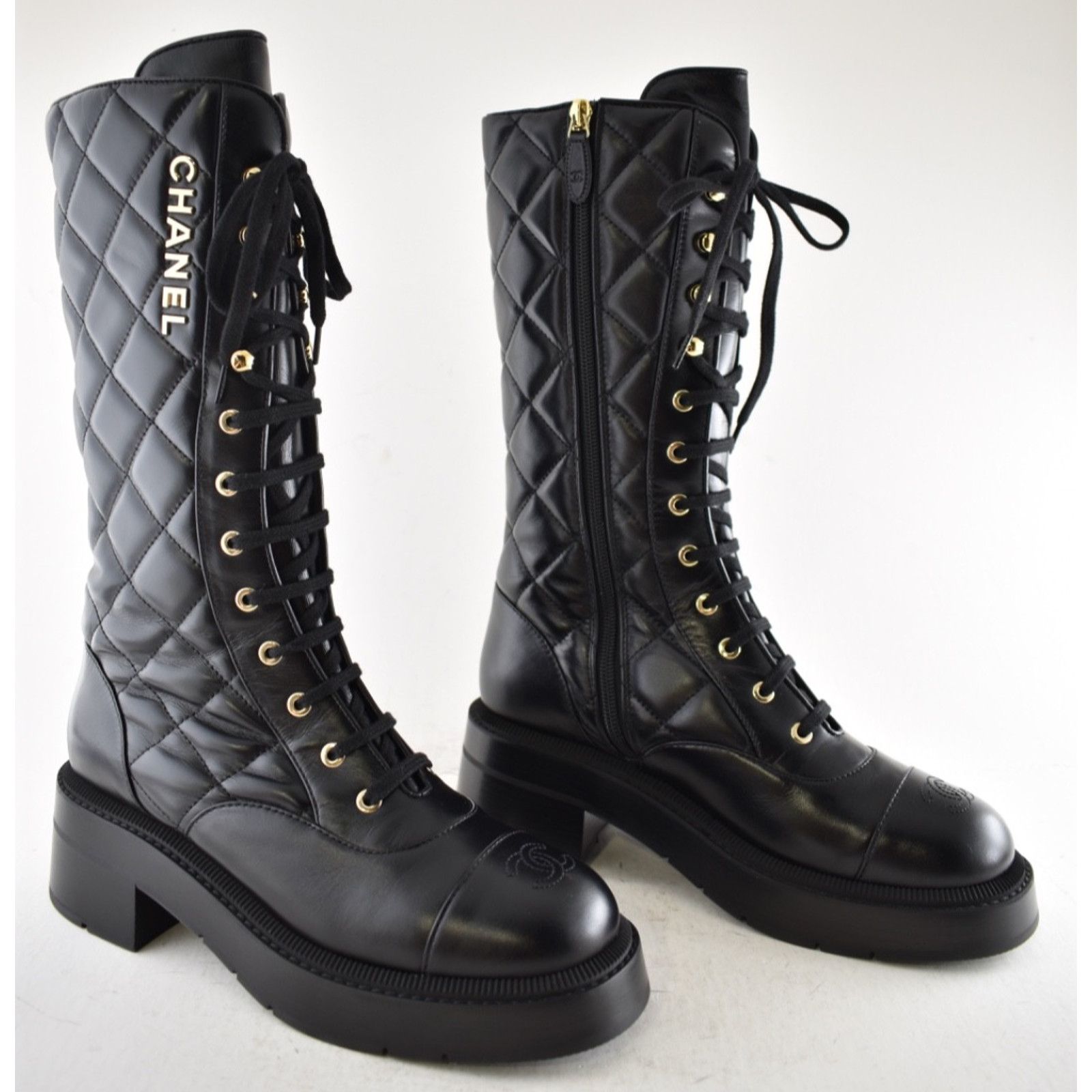 Chanel Chanel 24K Black Quilted CC Combat Lace Up Tall Boots 36 Size US 5 / IT 35 - 4 Thumbnail