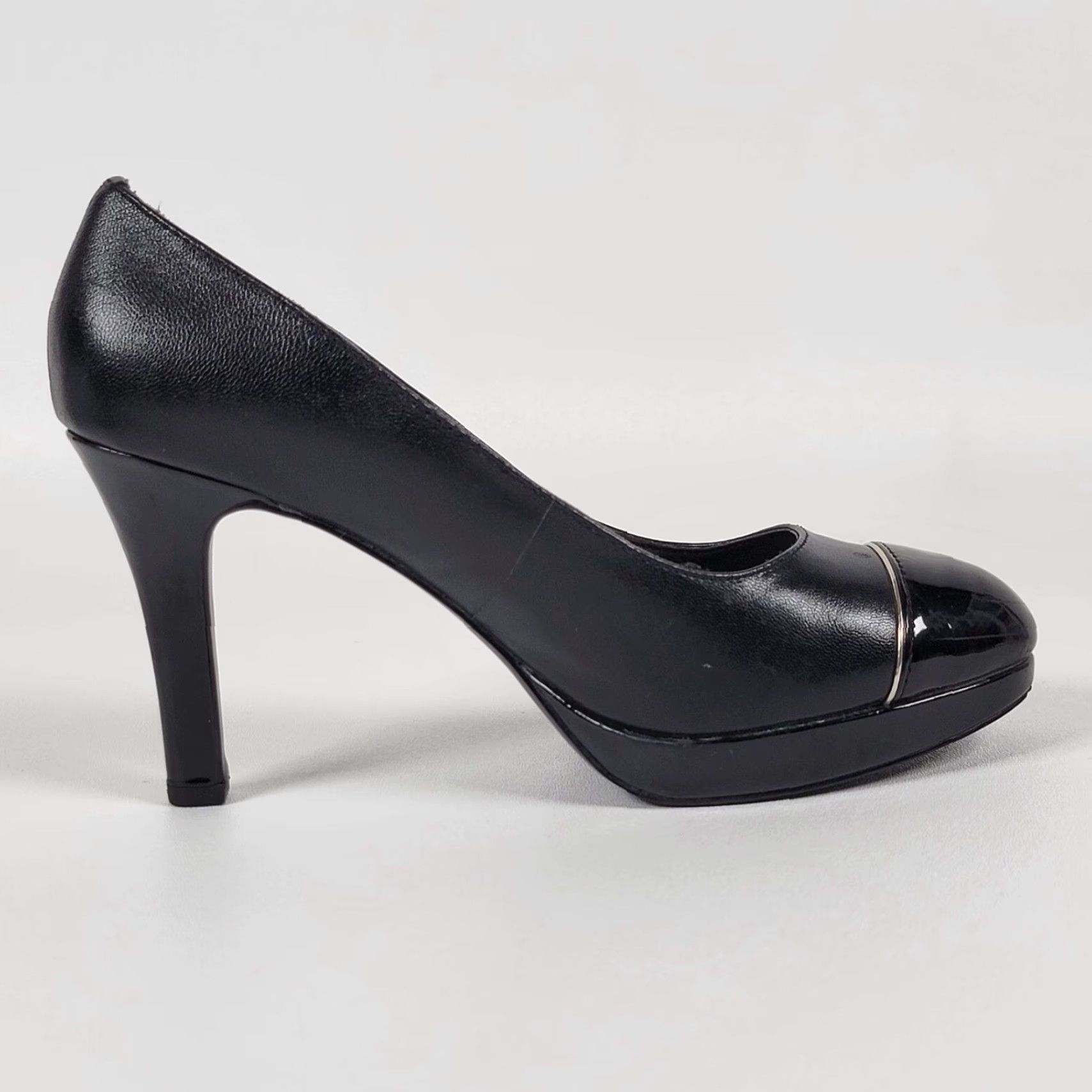 Vintage Tahari Laurie Womens Size 7 Black Leather Cap Toe 4" Heels Pumps Dress Shoes Leather Patent Leather Cap Toe Stiletto Womens Shoes Size M / US 6-8 / IT 42-44 - 6 Thumbnail
