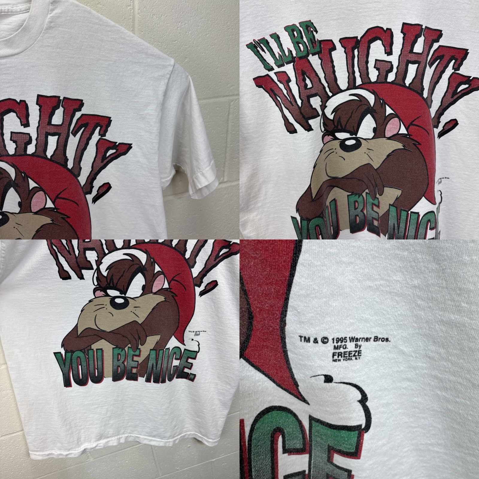 Vintage VINTAGE Looney Tunes Taz T Shirt Mens XL White Naughty Nice Cartoon Freeze 90s Size US XL / EU 56 / 4 - 8 Thumbnail