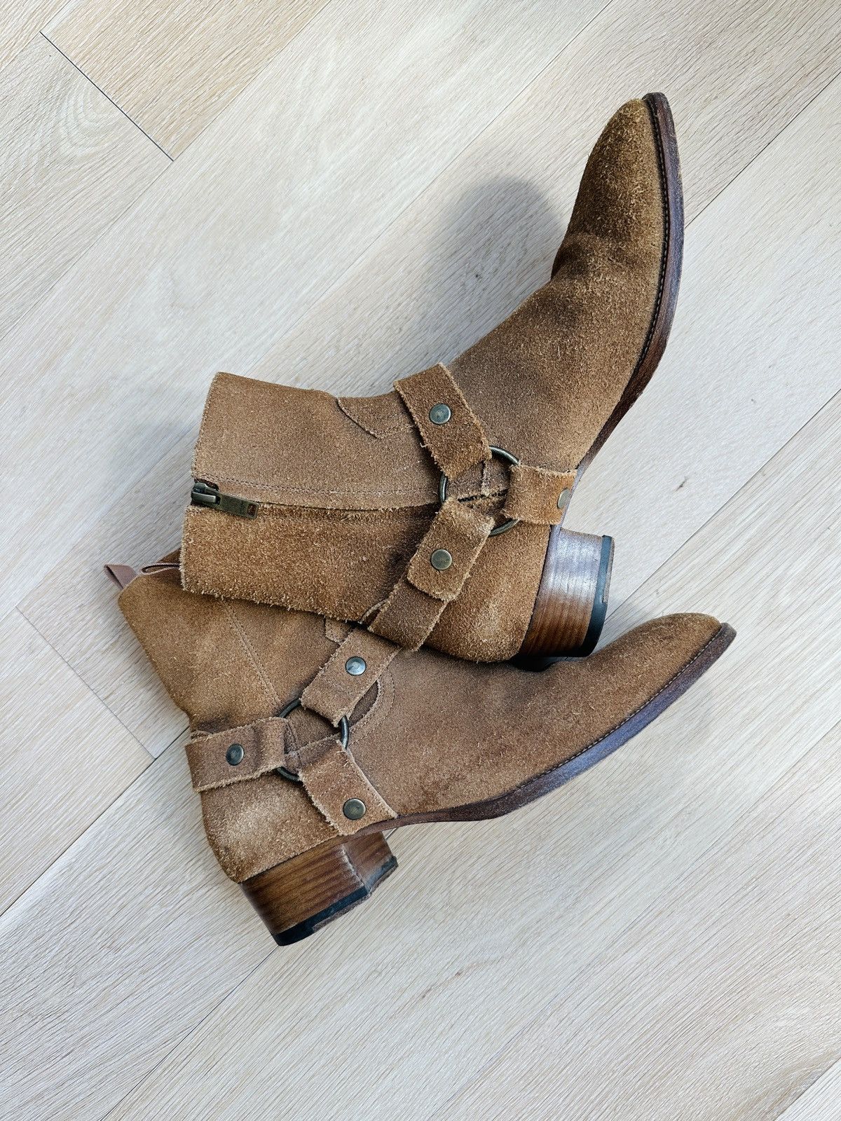 image of Saint Laurent Paris YSL Wyatt Harness Suede Shoes in Brown Tan, Men's (Size 7)
