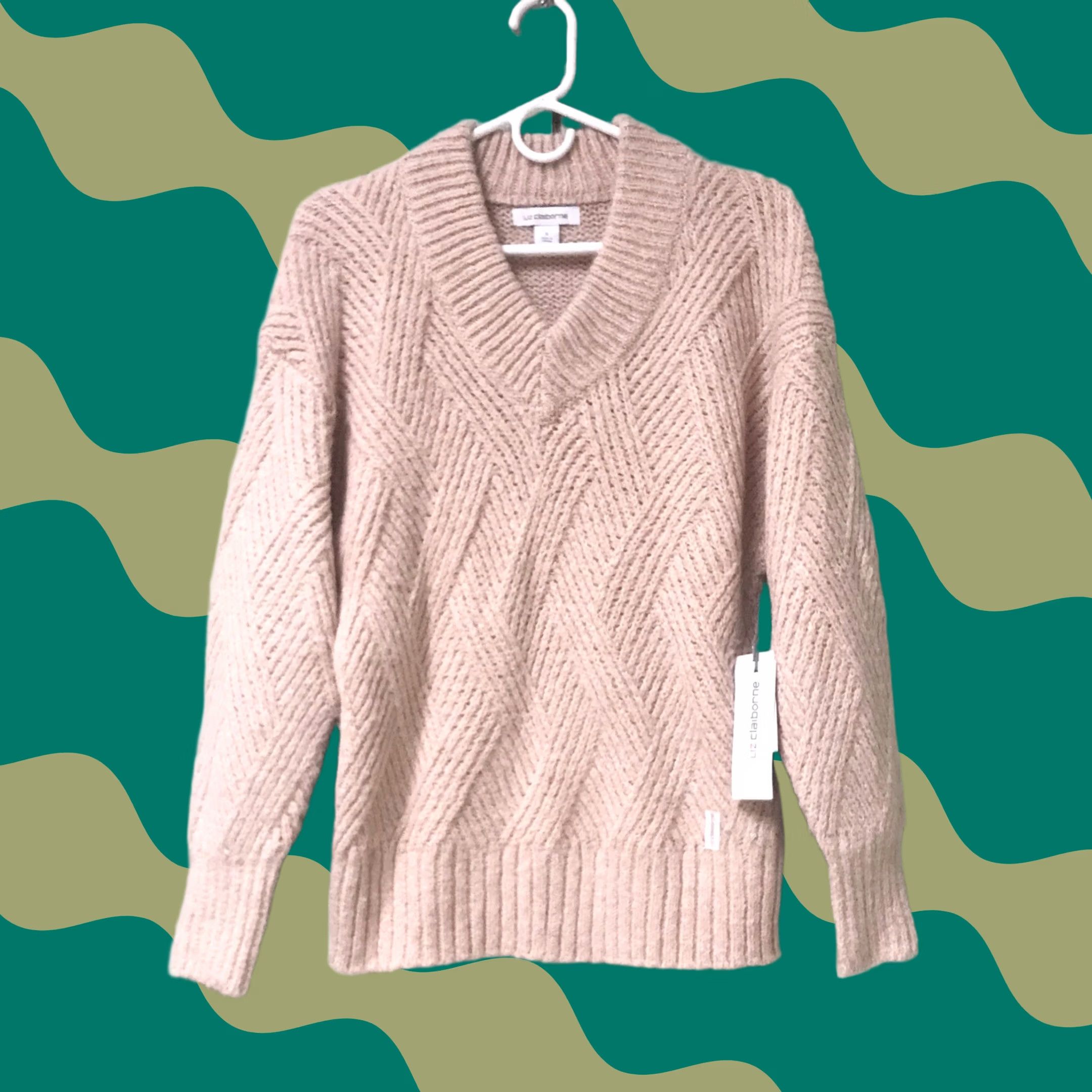 Liz Claiborne Liz Claiborne Women Pink Rose Quartz Geometric Ribbed Knit V-Neck Sweater S Size S / US 4 / IT 40 - 1 Thumbnail