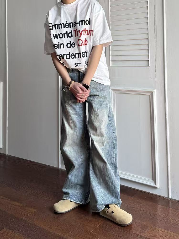 Vintage Blue Washed & Distressed Loose-Fit Curved-Leg Jeans Size US 32 / EU 48 - 3 Thumbnail