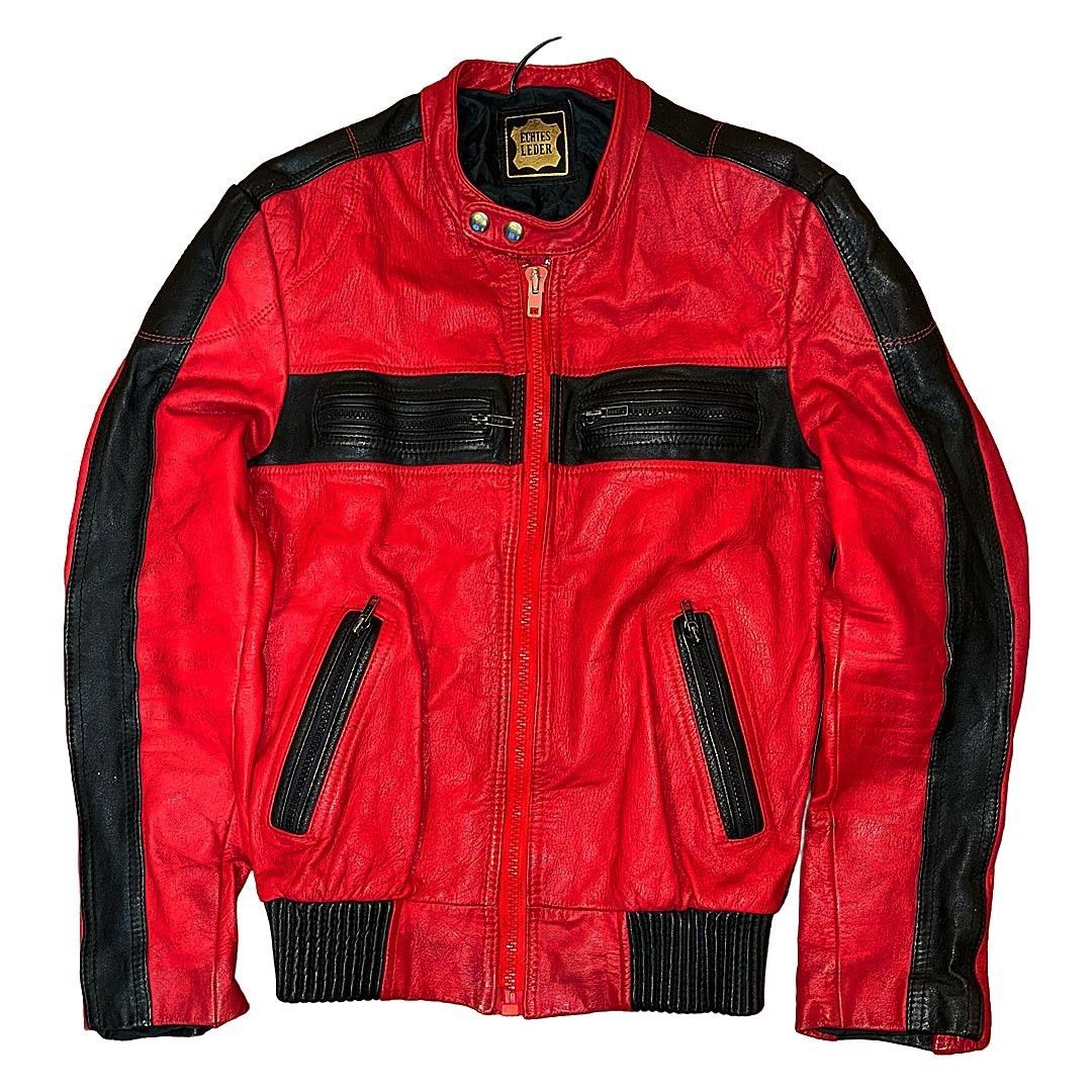 Image of Leather Jacket Moto Racer Like Ferrari in Black Red, Men's (Size Small)