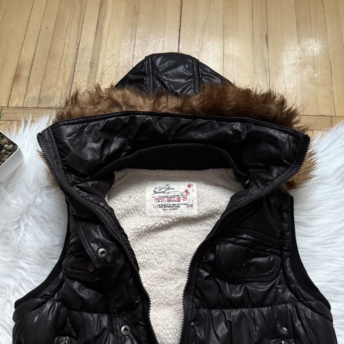 If Six Was Nine 📌 Vintage Max Blue Y2K 00s Fur Hood Black Vest Size S / US 4 / IT 40 - 8 Thumbnail