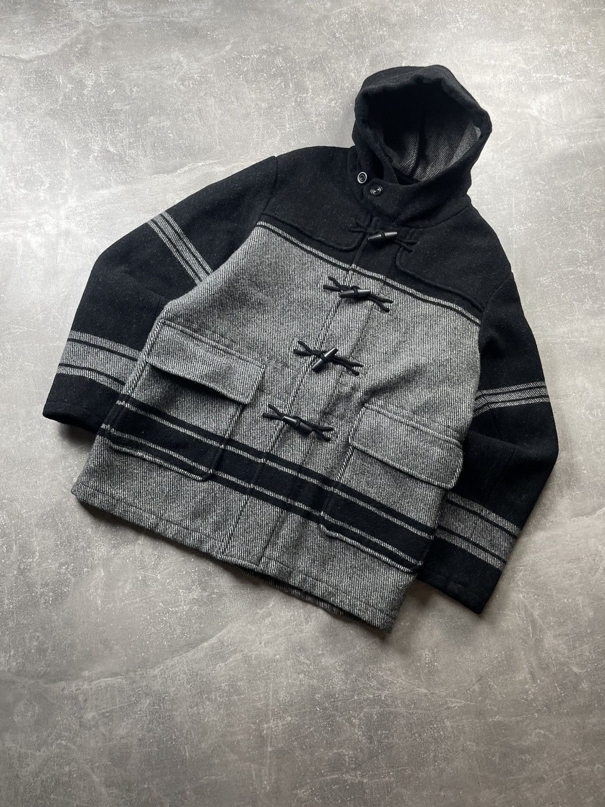 C.P. Company C.P. Company Wool C.P. Duffel Hooded Coat Black Grey Stripe Size US L / EU 52-54 / 3 - 8 Thumbnail