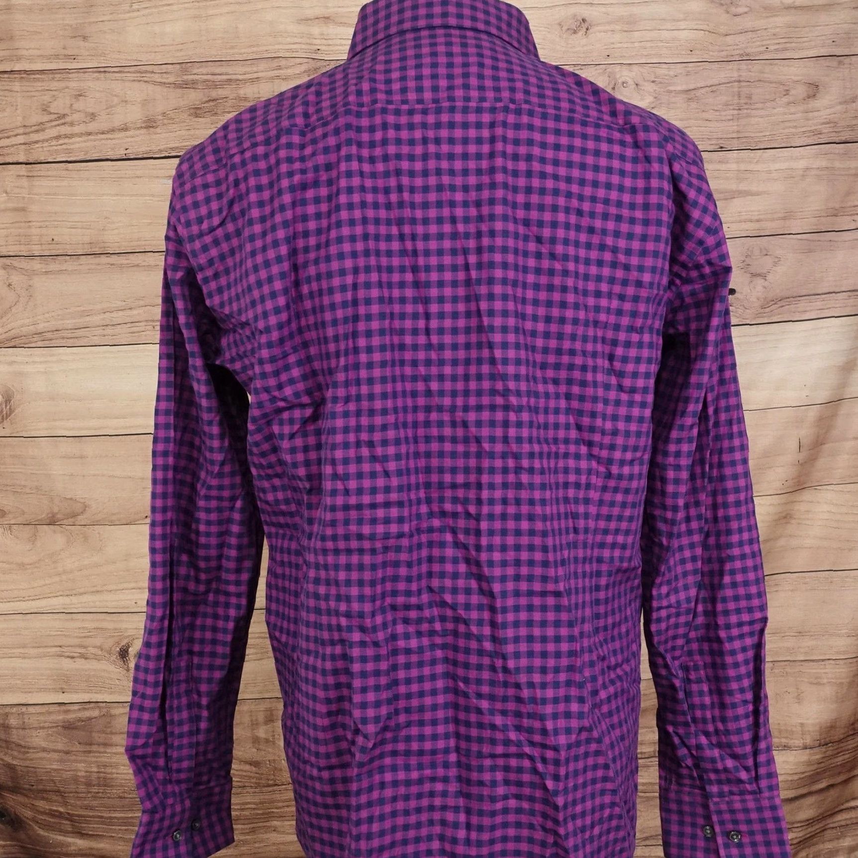 HUGO BOSS Shirt Mens 17 34/35 Purple Gingham Sharp Fit Dress Long Sleeve