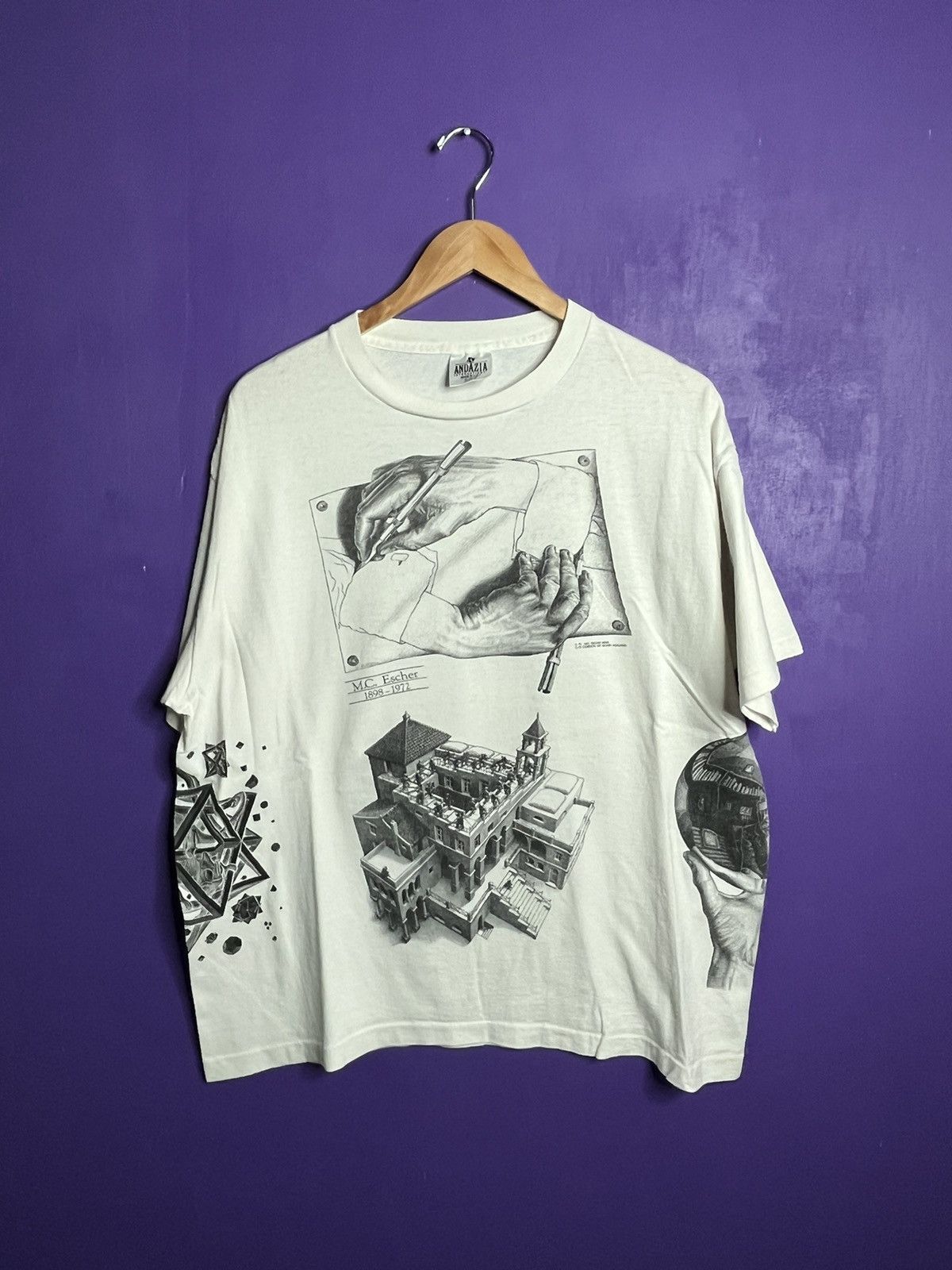image of Art x Made In USA Vintage 1991 Mc Escher Aop Memorial T-Shirt in White, Men's (Size XL)