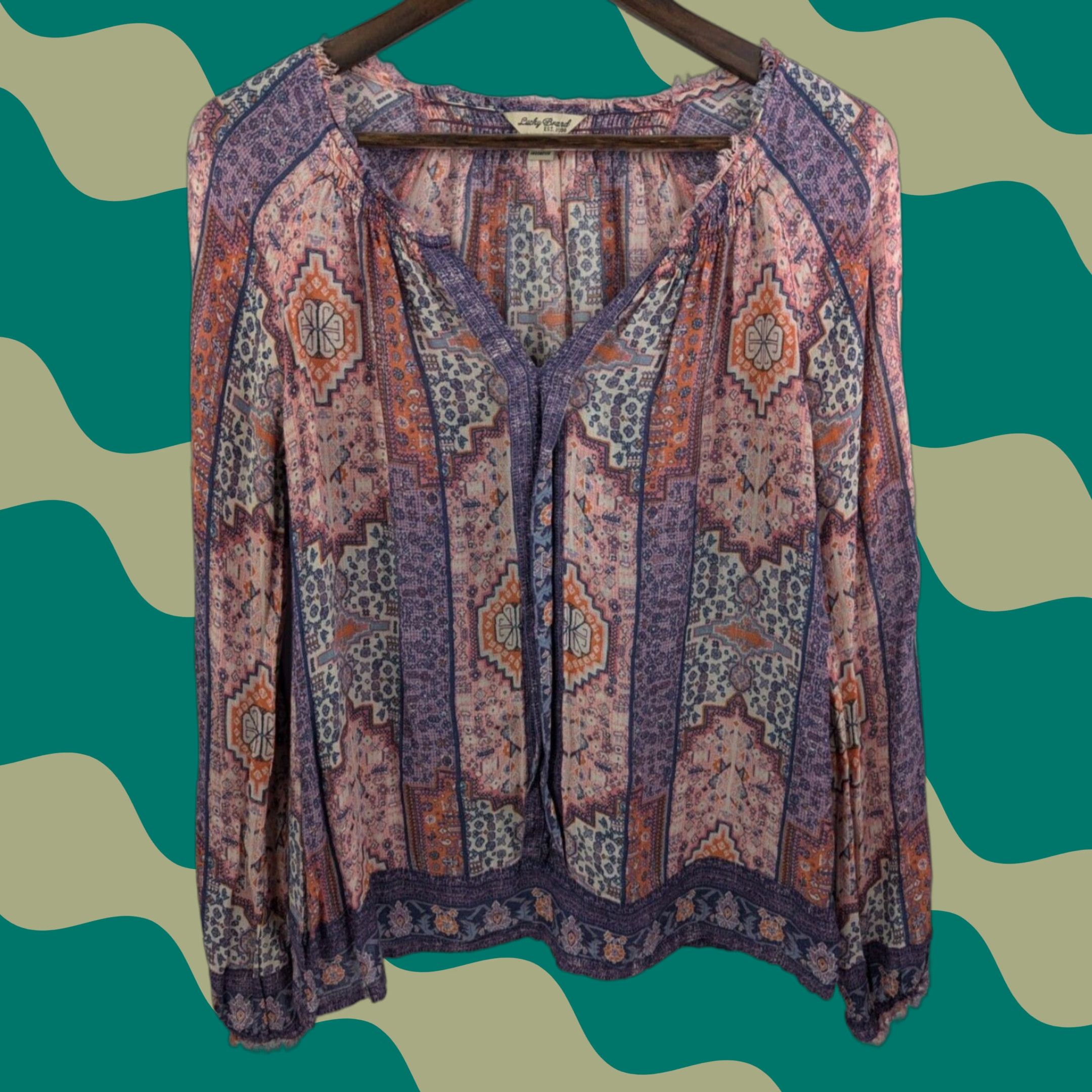 Lucky Brand Lucky Brand Blouse Women’s Small Fringe Trim Geometric Purple V-Neck Casual Shirt Size S / US 4 / IT 40 - 1 Thumbnail