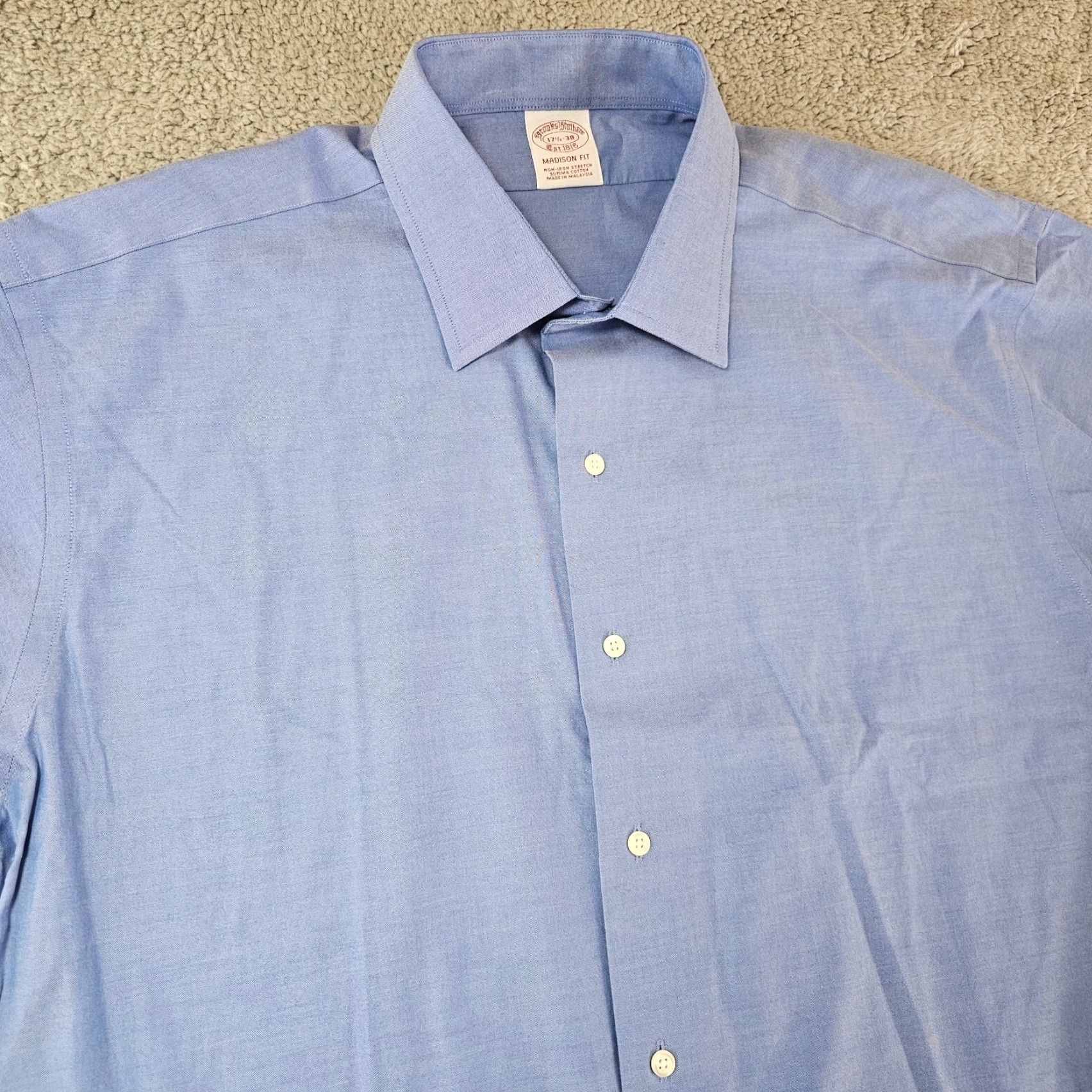 Brooks Brothers Brooks Brothers Dress Shirt Mens 17.5 38 Blue Madison Fit Supima Cotton Stretch Shirt Regular Blue Mens 17.5 Neck Size 17.5 French Cuff Size 48R - 2 Thumbnail