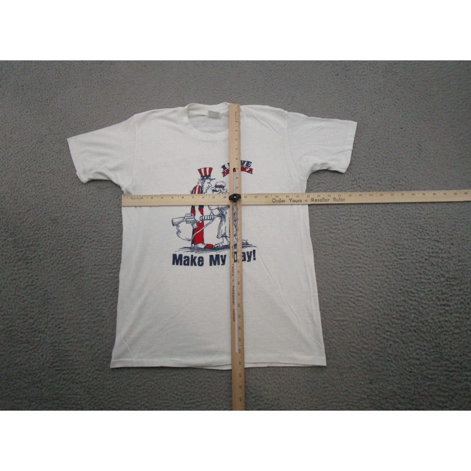 Vintage VTG Stedman Shirt I Love America Make My Day Hippie Uncle Sam Army 70s 80s SZ M White Mens Size US M / EU 48-50 / 2 - 6 Thumbnail