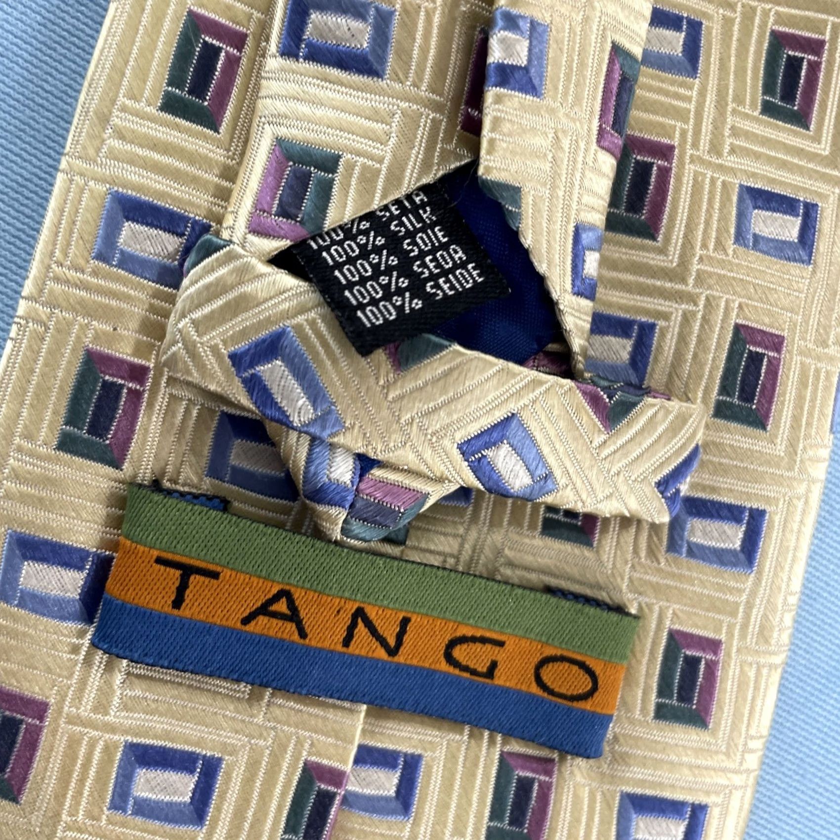 Vintage VINTAGE Tango Woven Silk Tie 61" Geometric Polka Dot Square Hand Made 4x61 Light Yellow Tie Mens 100% Silk Adjustble Some Wear Size ONE SIZE - 7 Thumbnail