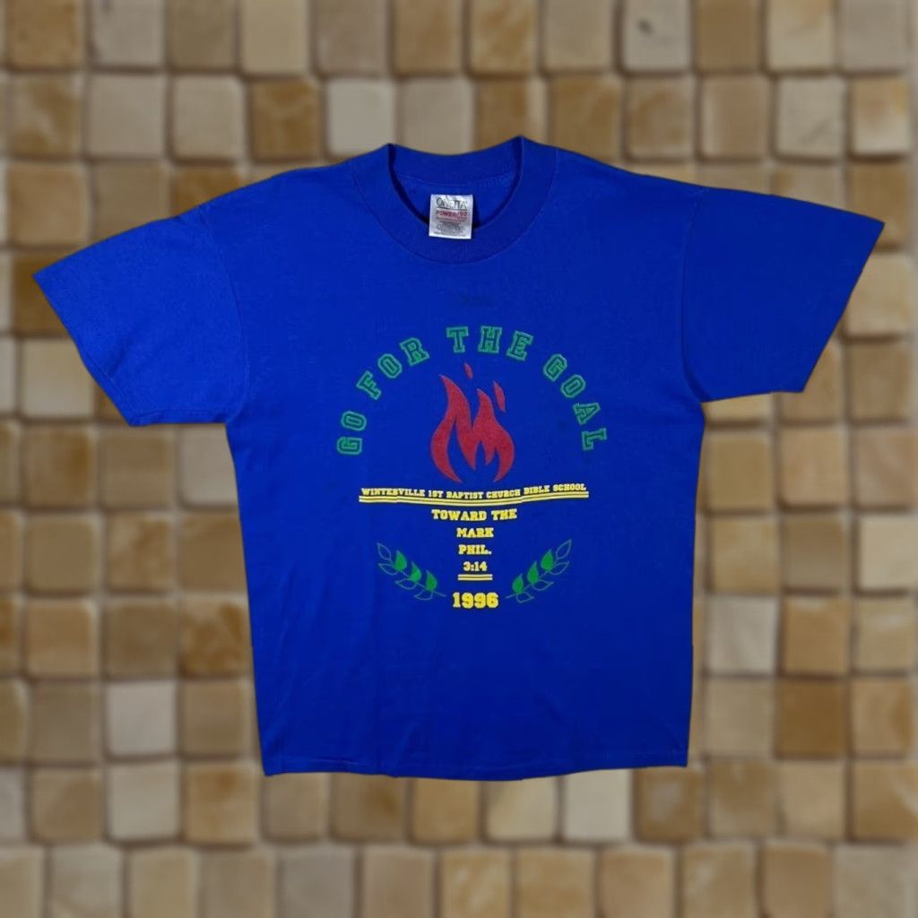 Vintage Vintage Go For The Goal (1996) Oneita T-Shirt Medium Blue Graphic Print Mens Short Sleeve Round Neck United States 1996 Bible School Size US M / EU 48-50 / 2 - 1 Thumbnail