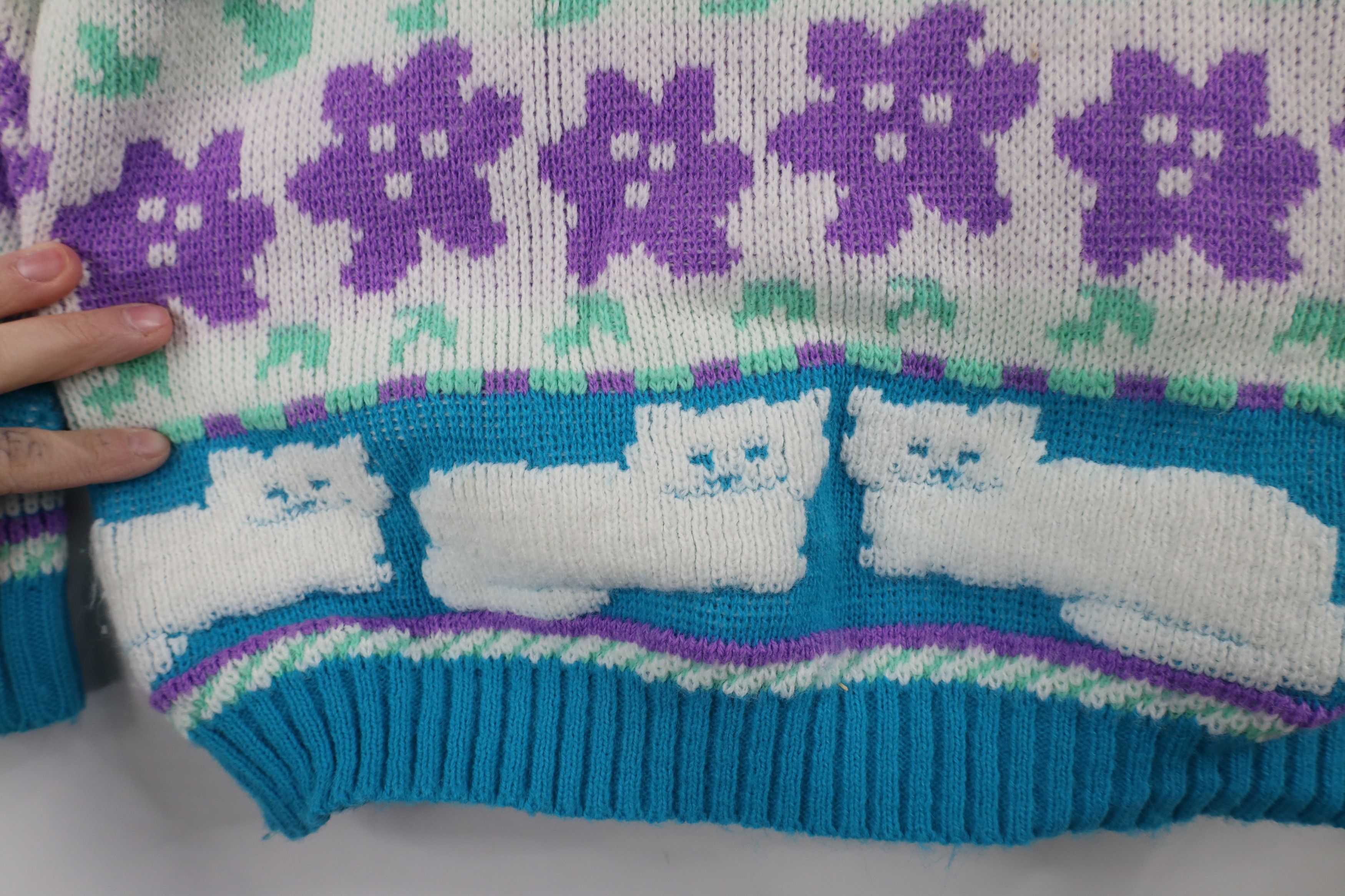 Vintage Vintage 80s 90s Kawaii Heart Cat Flower Knit Sweater USA Size XS / US 0-2 / IT 36-38 - 6 Thumbnail