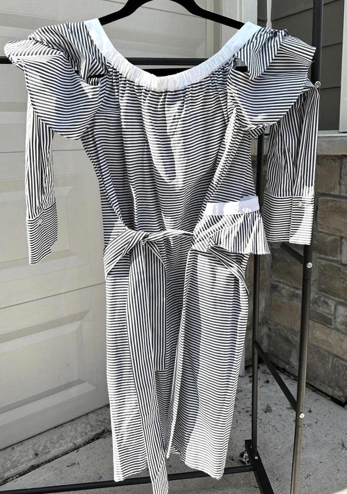 Designer Off-Shoulder Striped Ruffle Dress By Laundry size 12 Size XL / US 12-14 / IT 48-50 - 1 Thumbnail