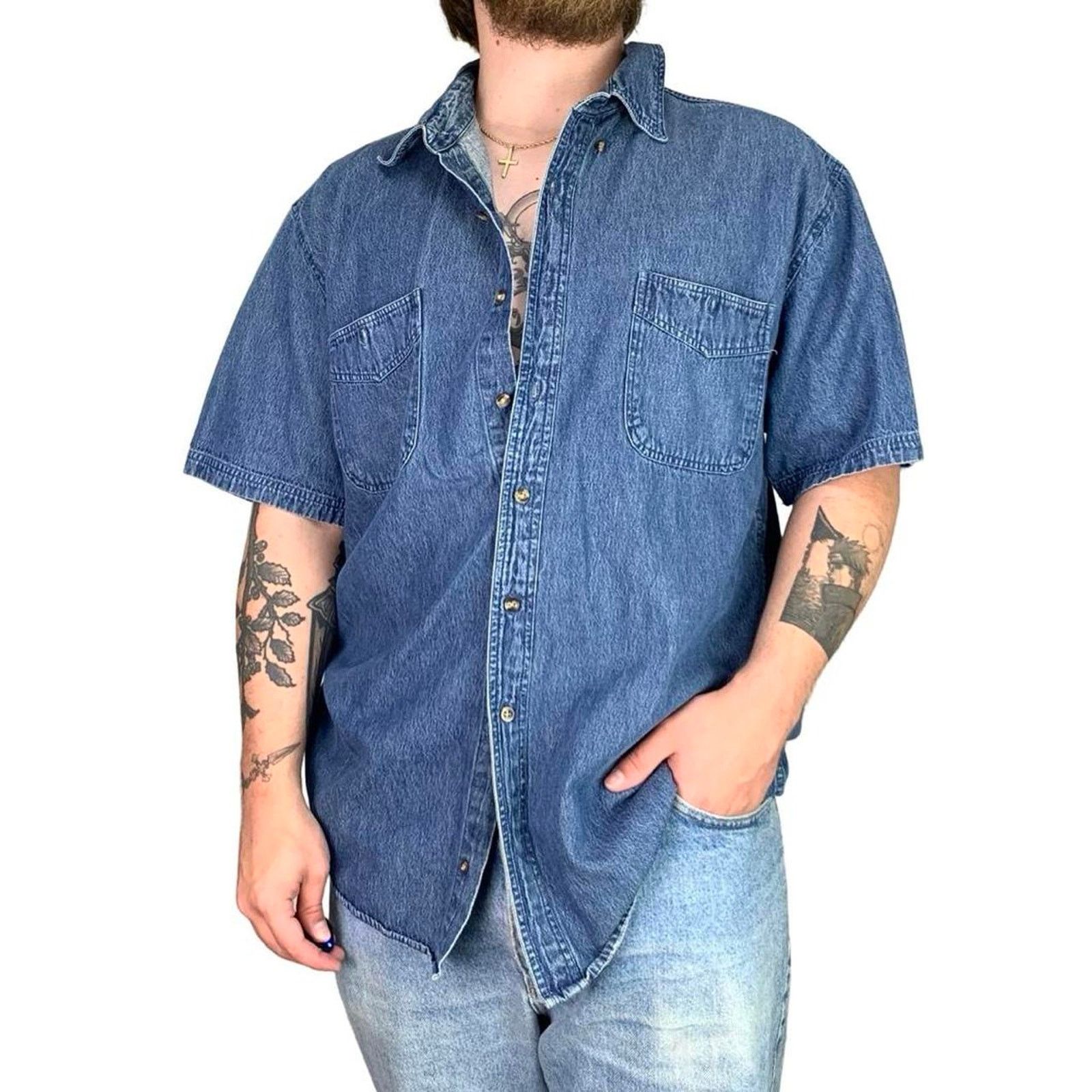 Japanese Brand × Vintage Vintage 90s Denim Button Up Shirt Size US XL / EU 56 / 4 - 1 Thumbnail