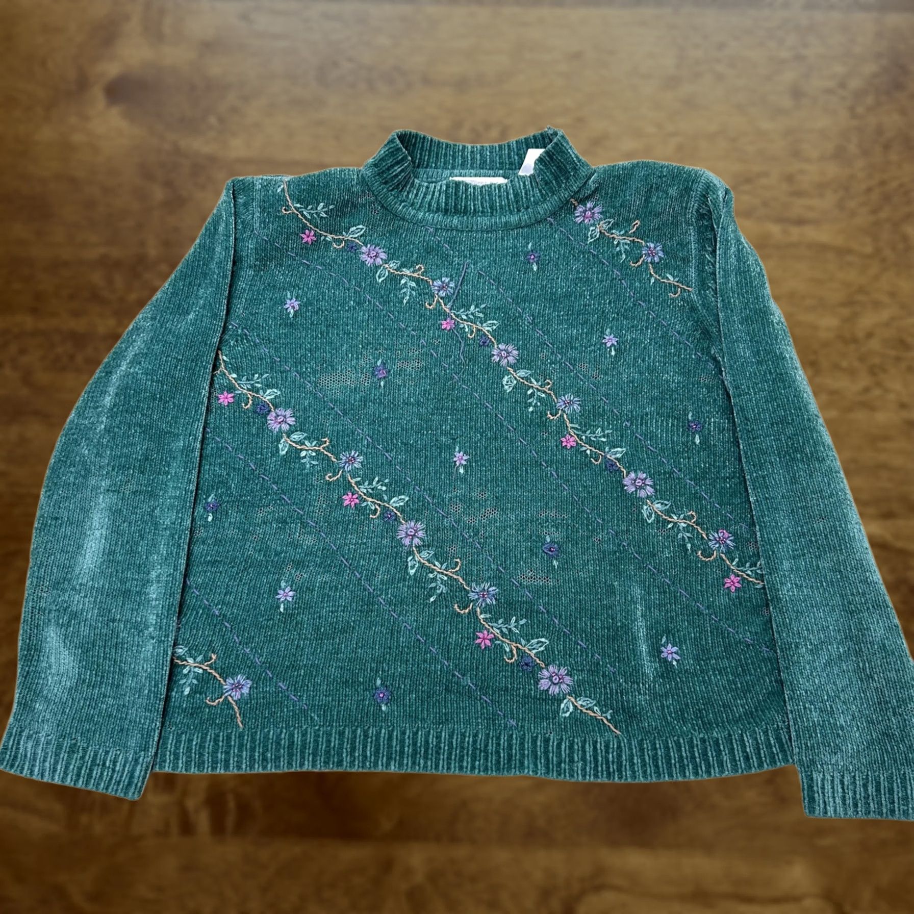 Vintage VINTAGE Alfred Dunner Sweater Womens Large Green Mock Neck Floral Embroidered Size L / US 10 / IT 46 - 1 Thumbnail