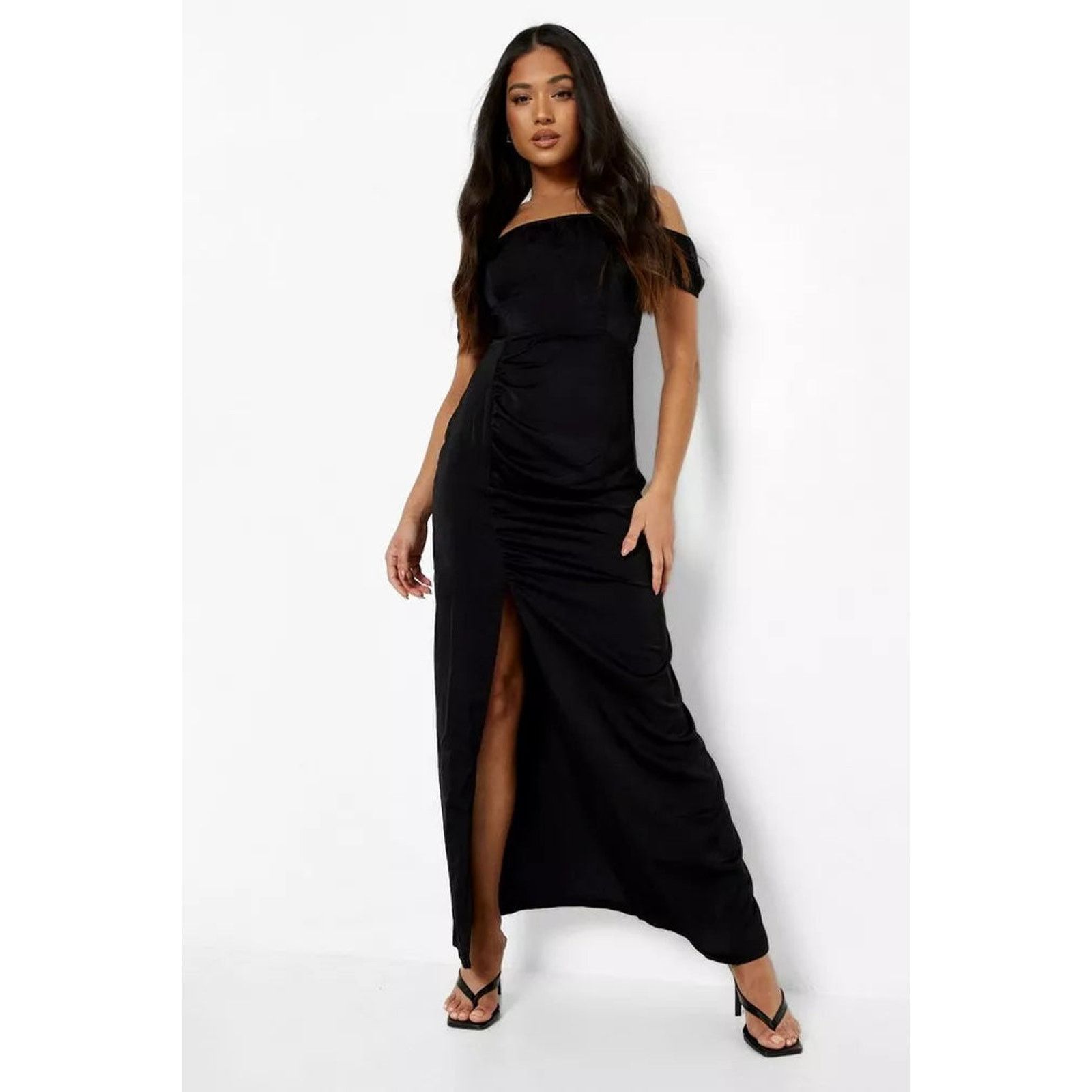 Boohoo Boohoo Black Off Shoulder Draped Satin High Slit Maxi Dress Size S / US 4 / IT 40 - 1 Thumbnail