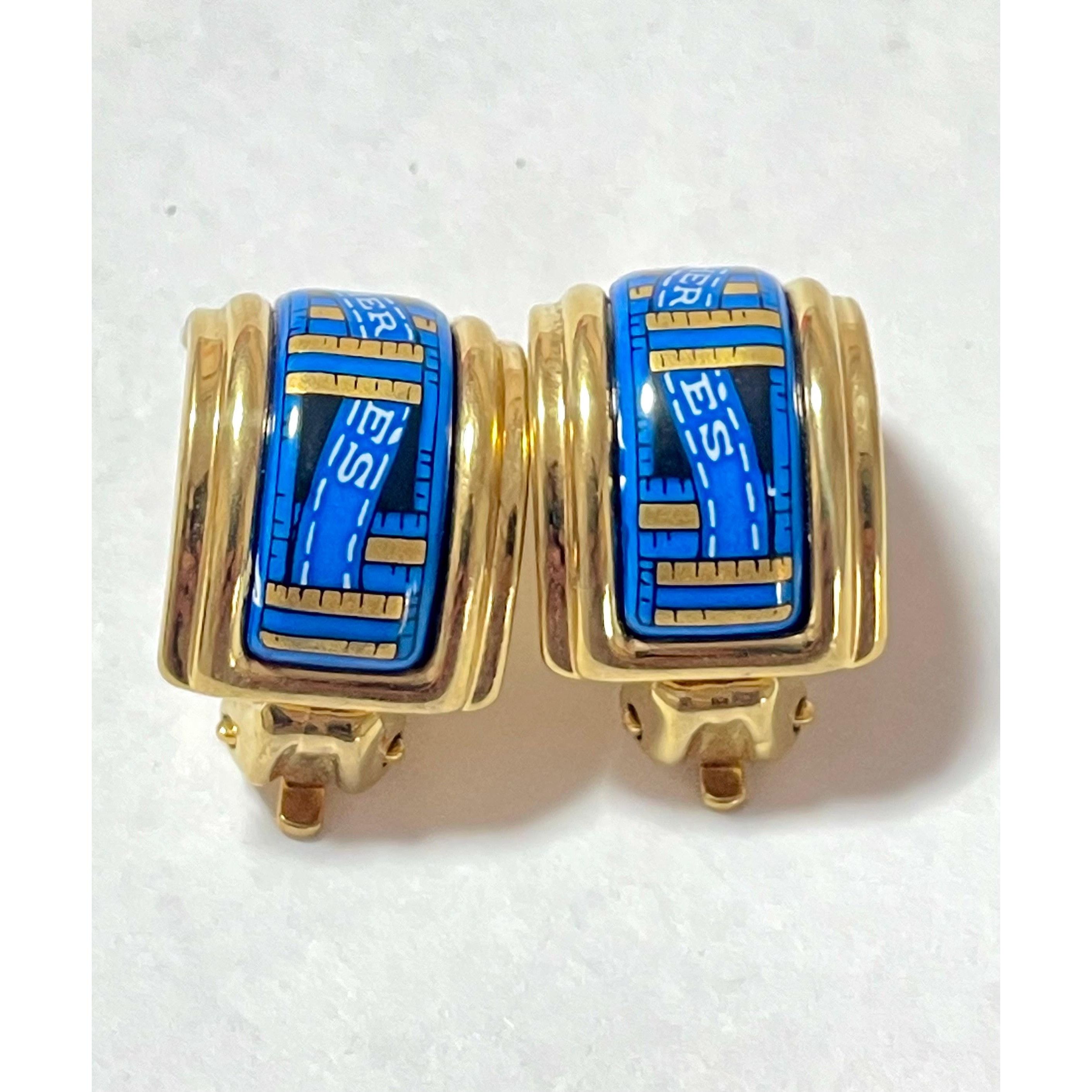 Hermes Vintage Hermes cloisonne, enamel golden earrings with blue Size ONE SIZE - 3 Thumbnail