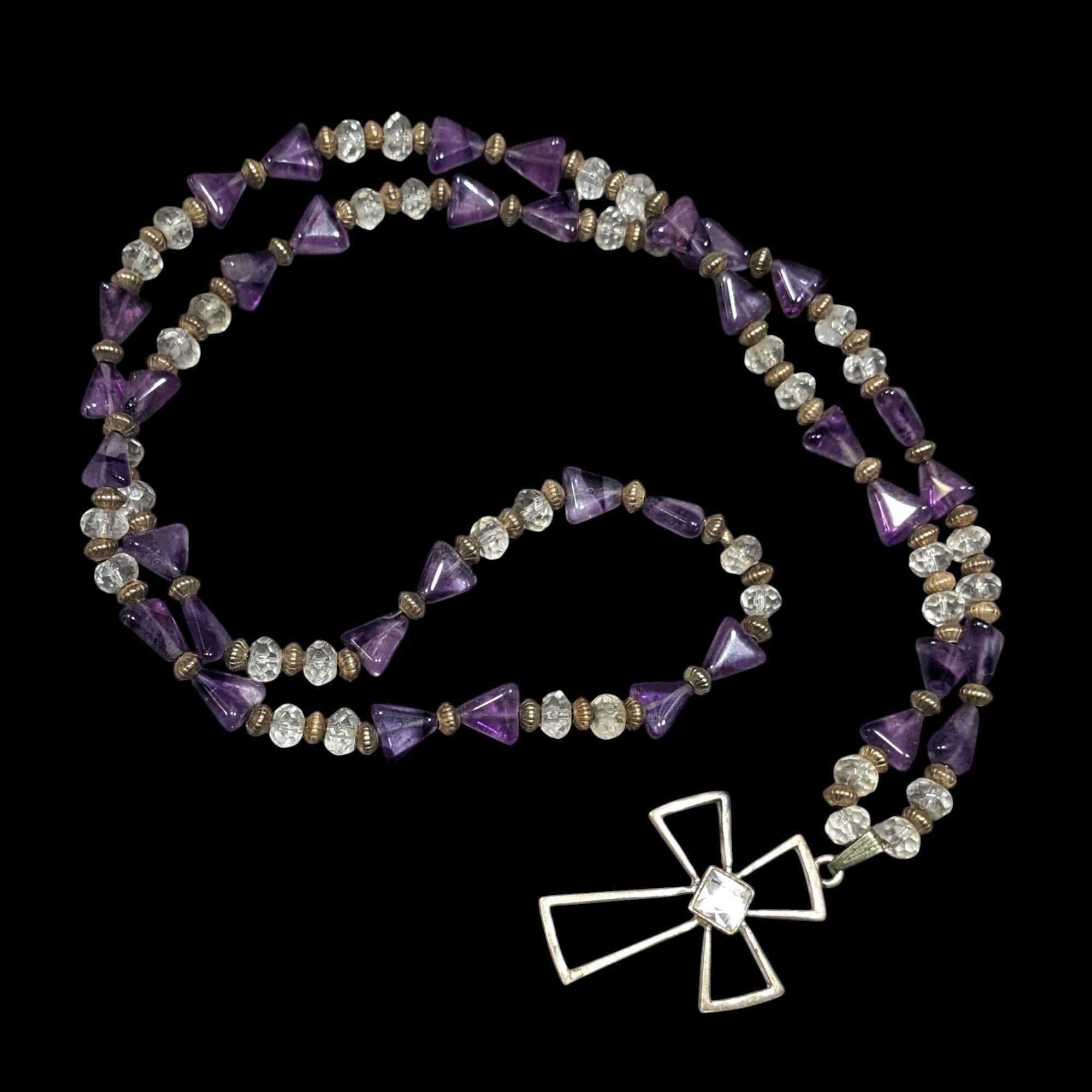 Other Amethyst And Glass Beaded Open Silver Tone Cross Pendant Nec Size ONE SIZE - 1 Thumbnail
